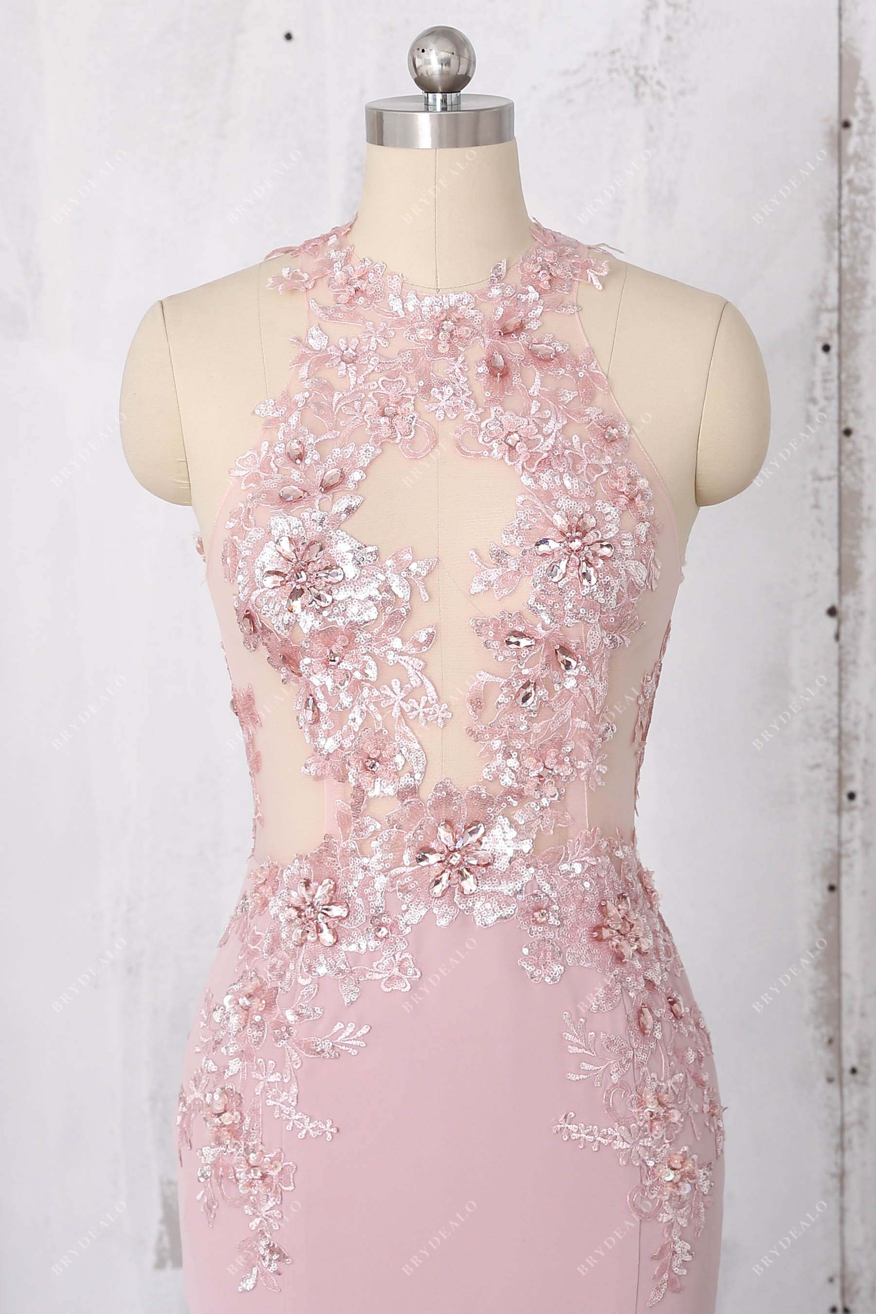 sleeveless lace sequin halter prom dress