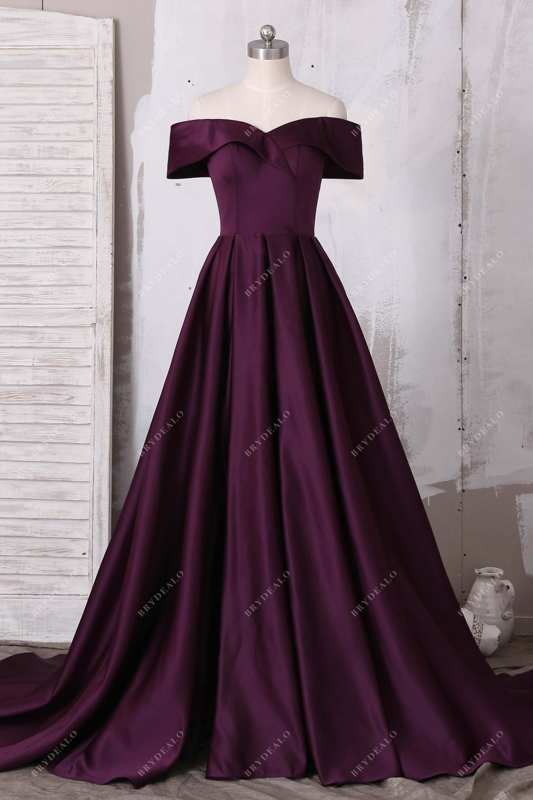 grape off shoulder A-line prom gown