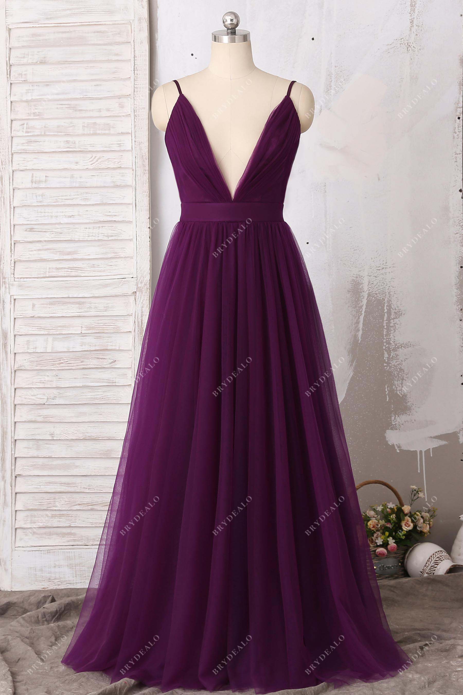 grape plunging neck tulle A-line formal dress