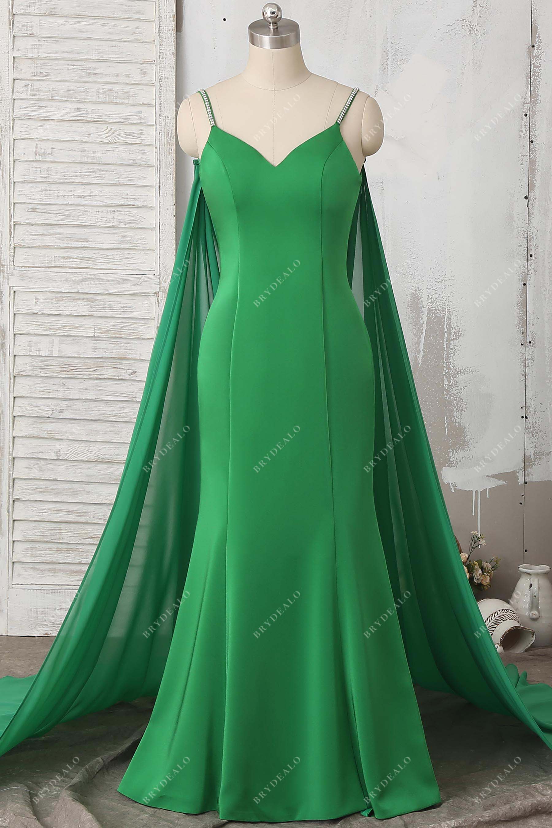 green thin straps mermaid detachable cape dress
