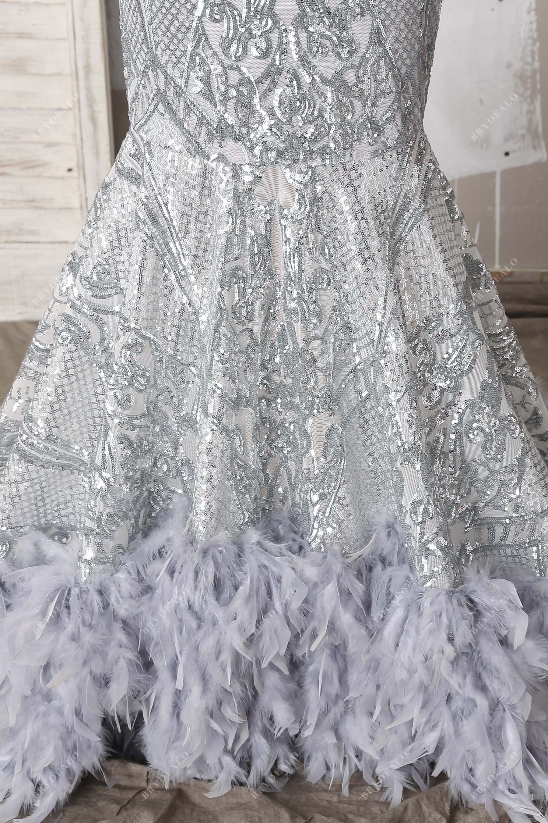 grey feathers long train prom dress