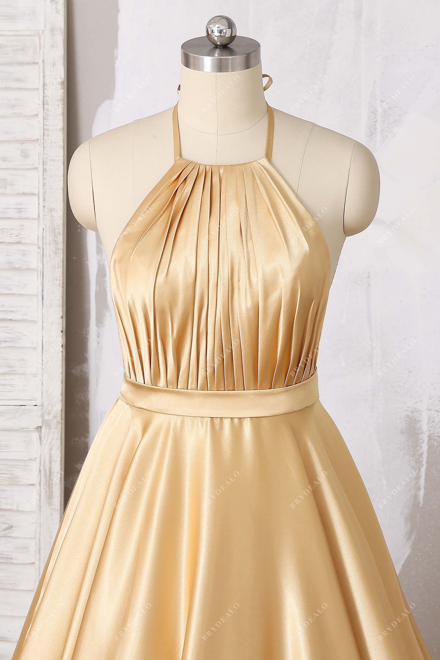 Gold Satin Pleated Halter Open Back Bridesmaid Dress Brydealo Gold Satin Pleated Halter Open Back Bridesmaid Dress Brydealo