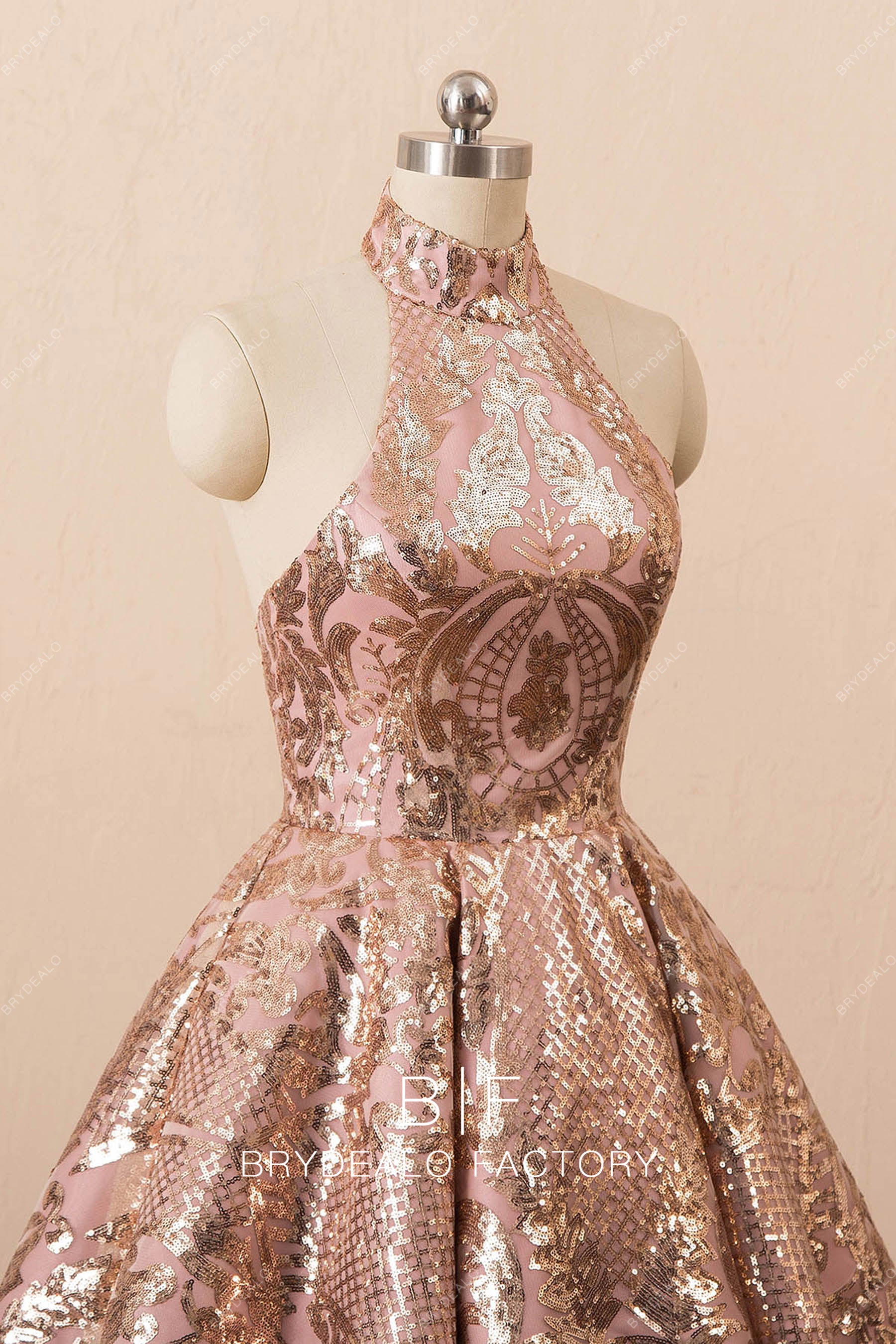 rose gold sequin halter prom dress