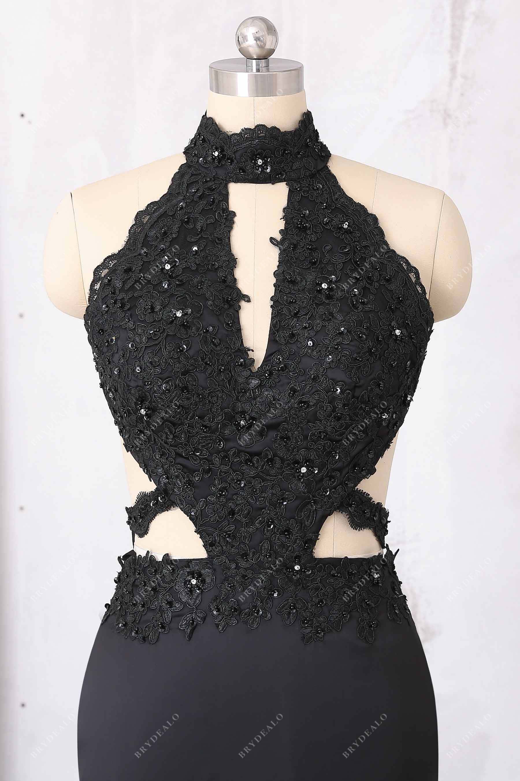 black lace sequin keyhole halter bodice
