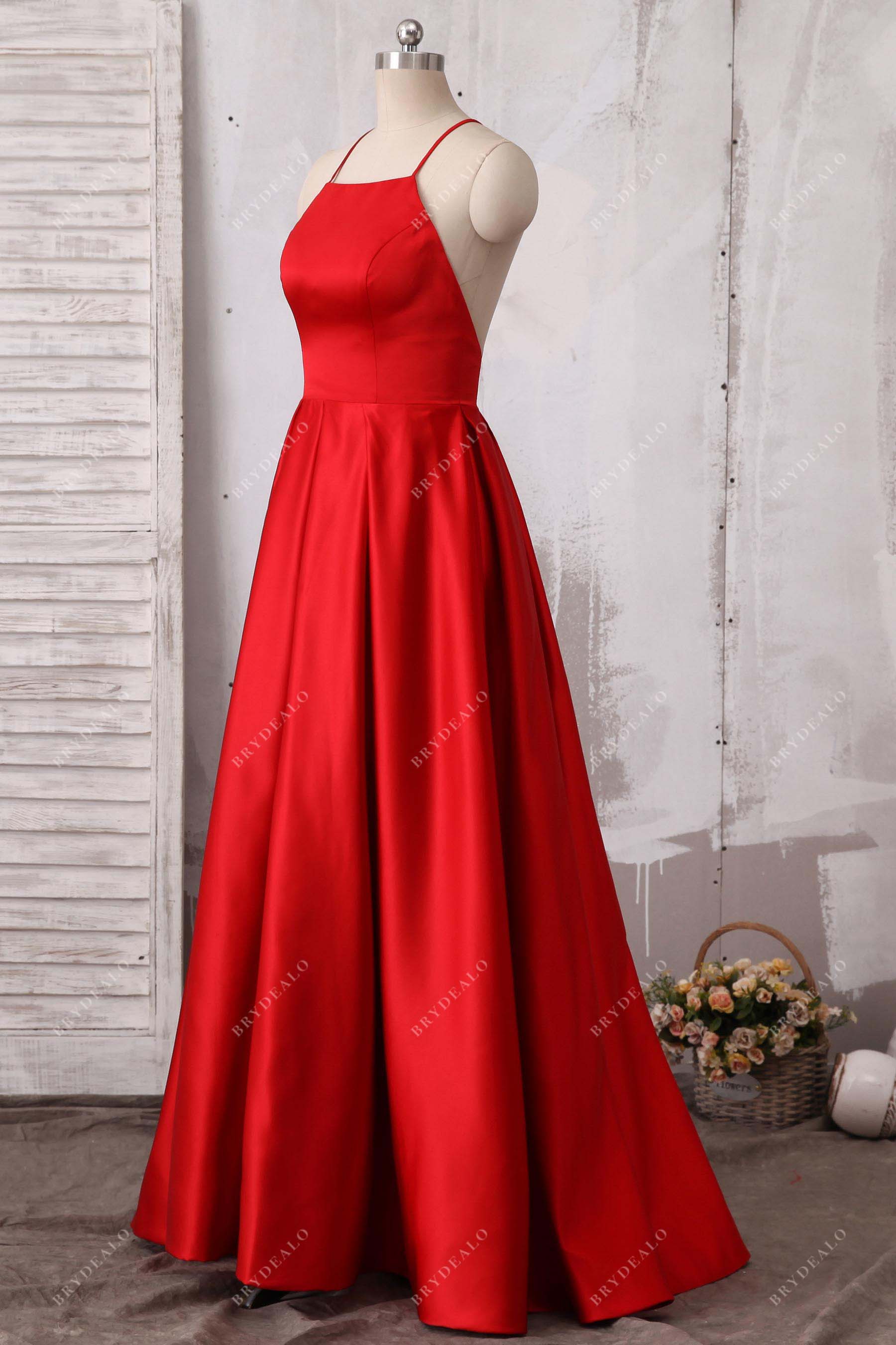 red satin sleeveless floor length evening dress