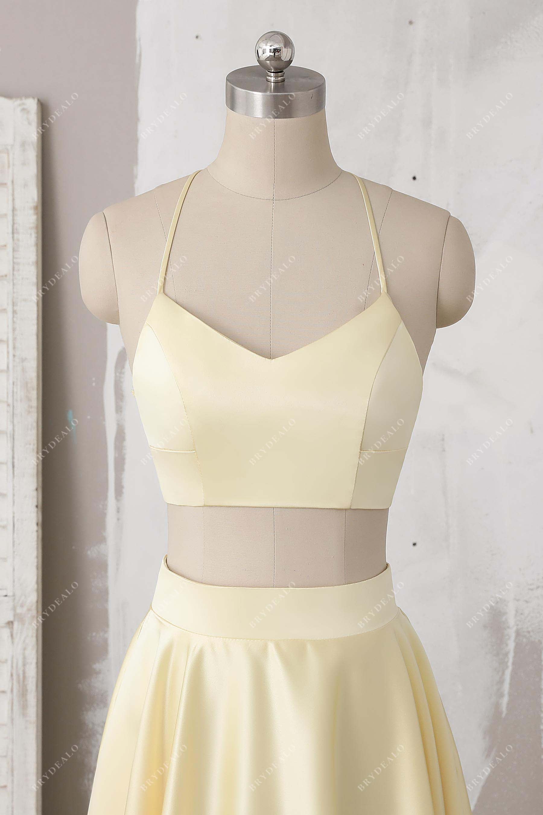 halter neck yellow satin crop prom dress