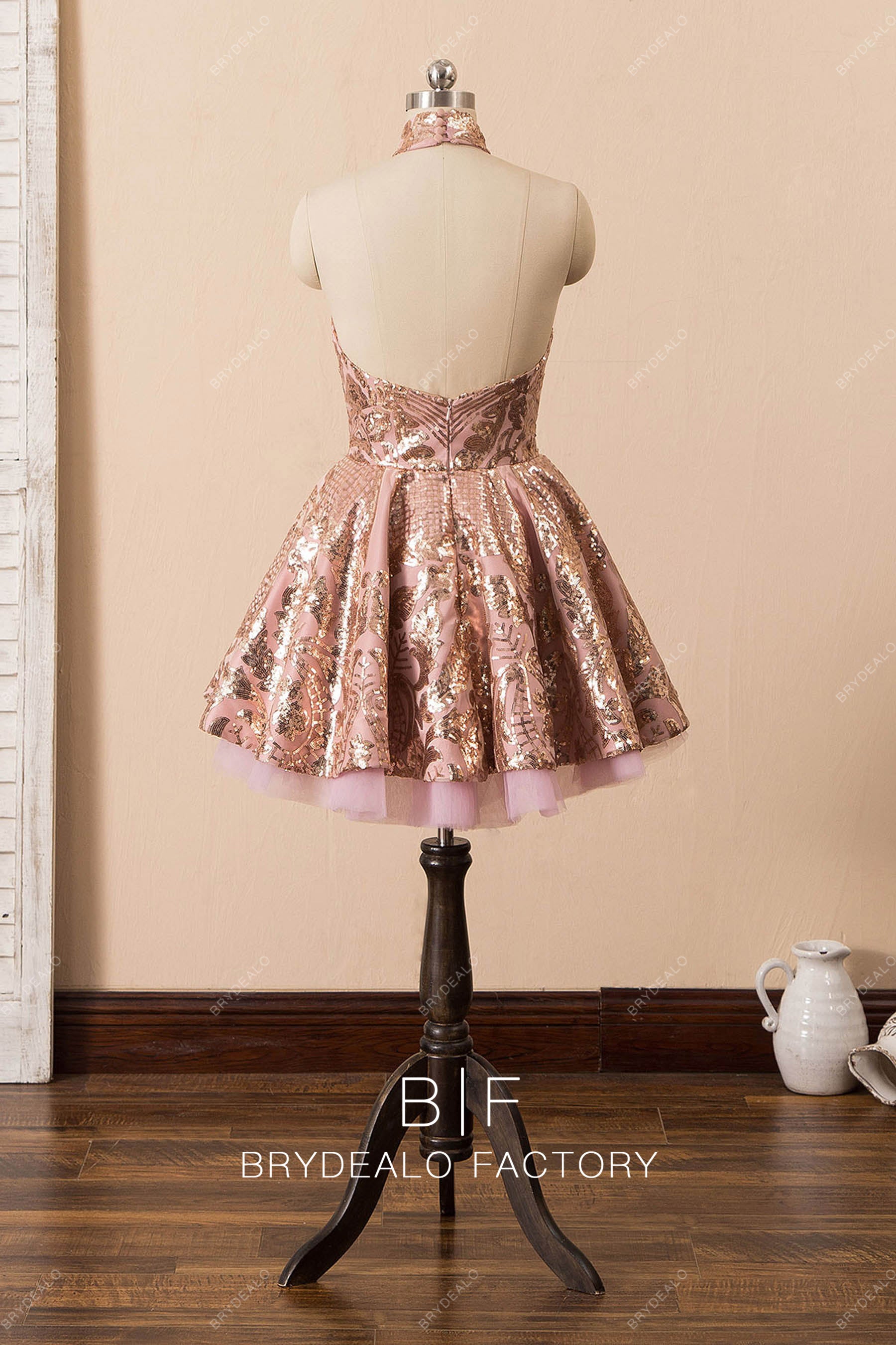 halter open back sequin cocktail dress