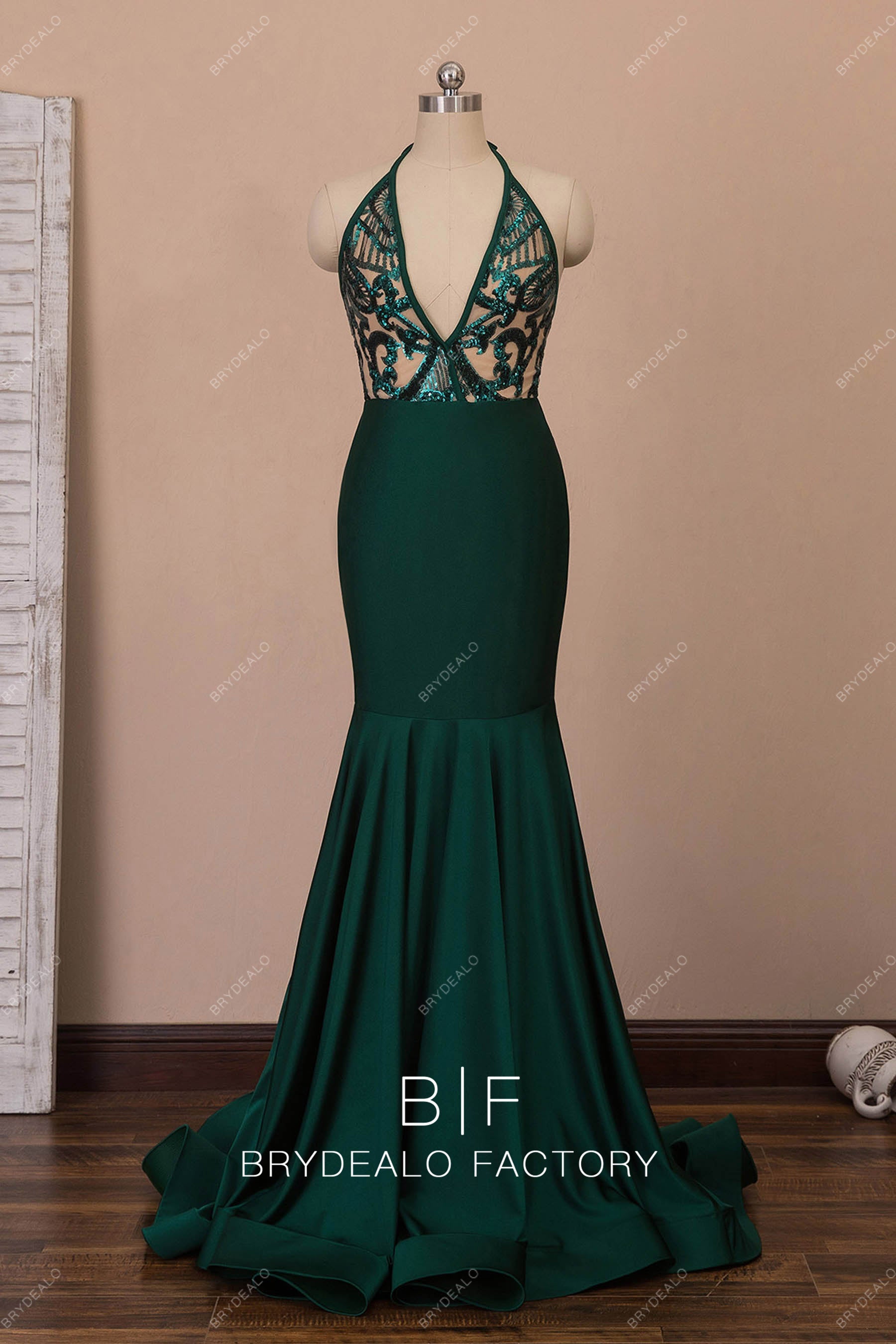 plunging halter neck green formal gown