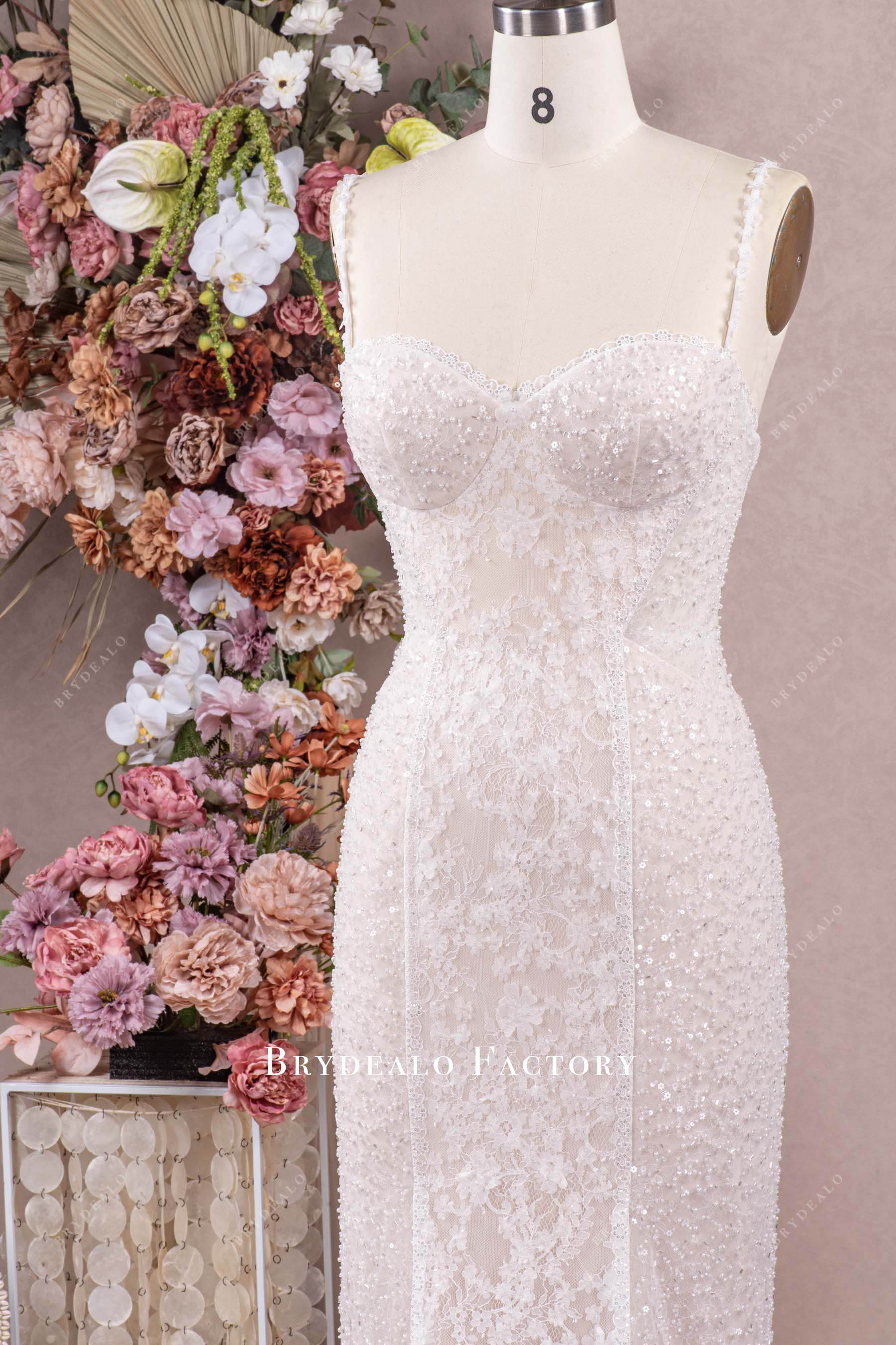 hand-sewn flower straps lace mermaid bridal  dress