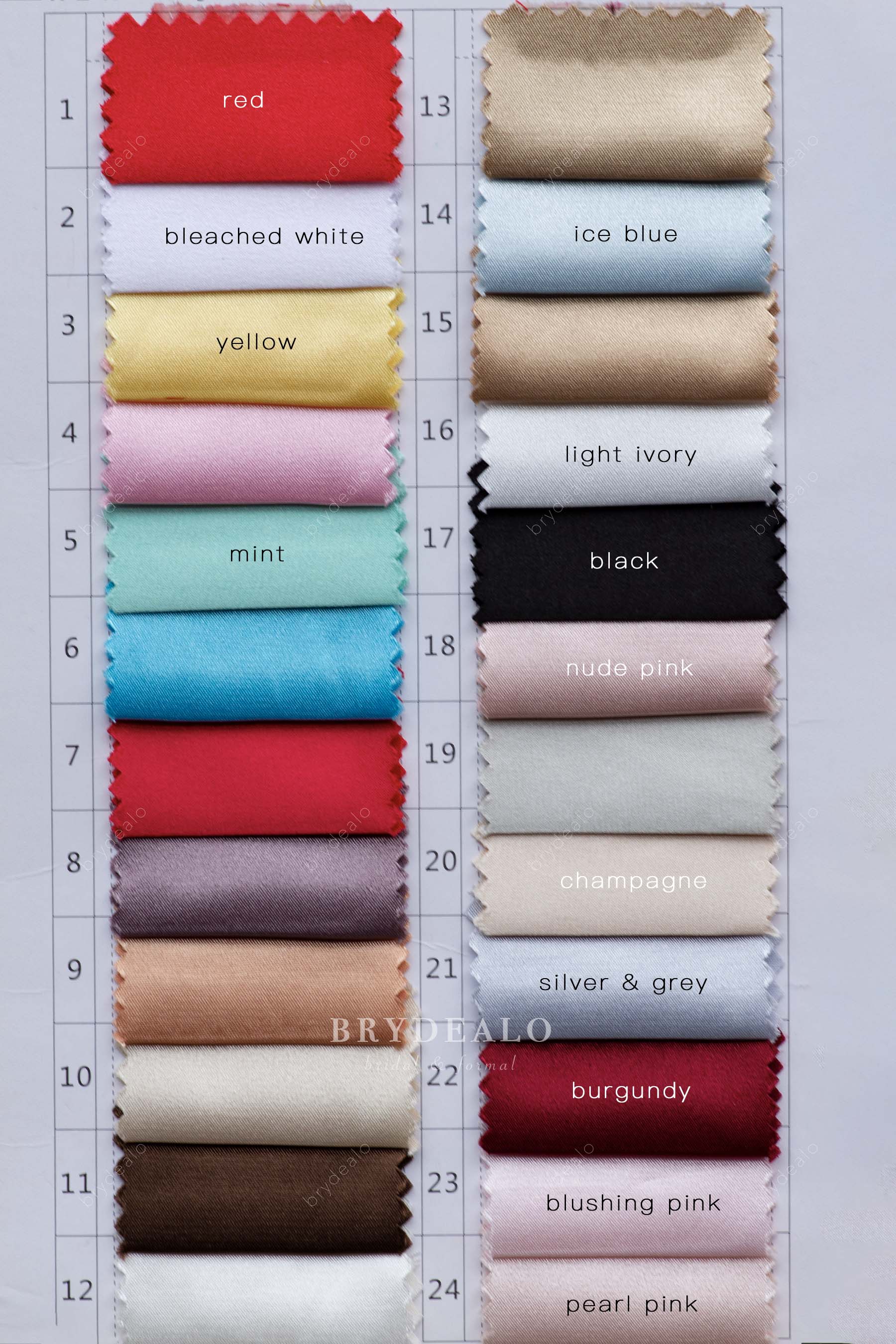 high-end charmeuse satin color chart