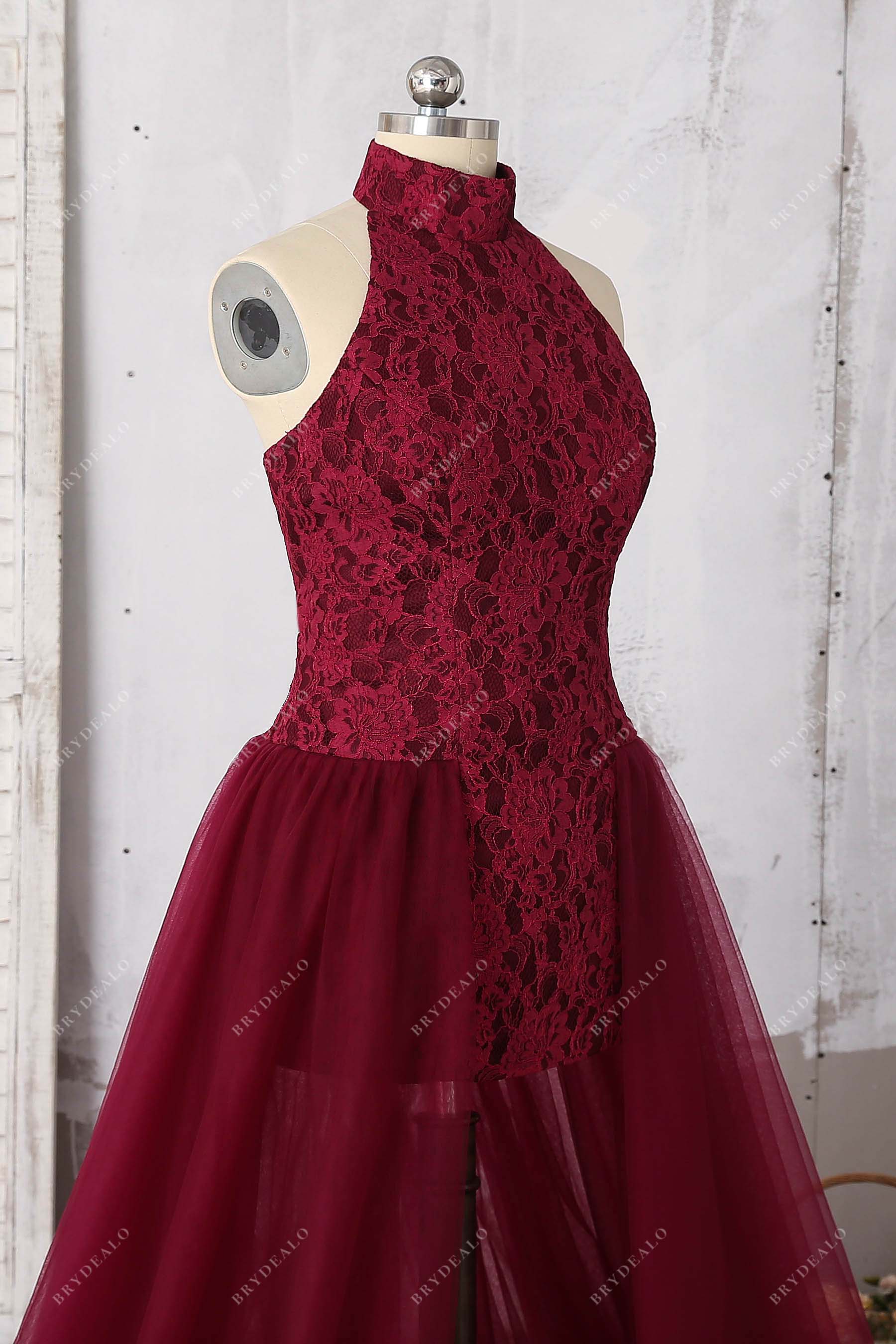 burgundy lace tulle prom dress
