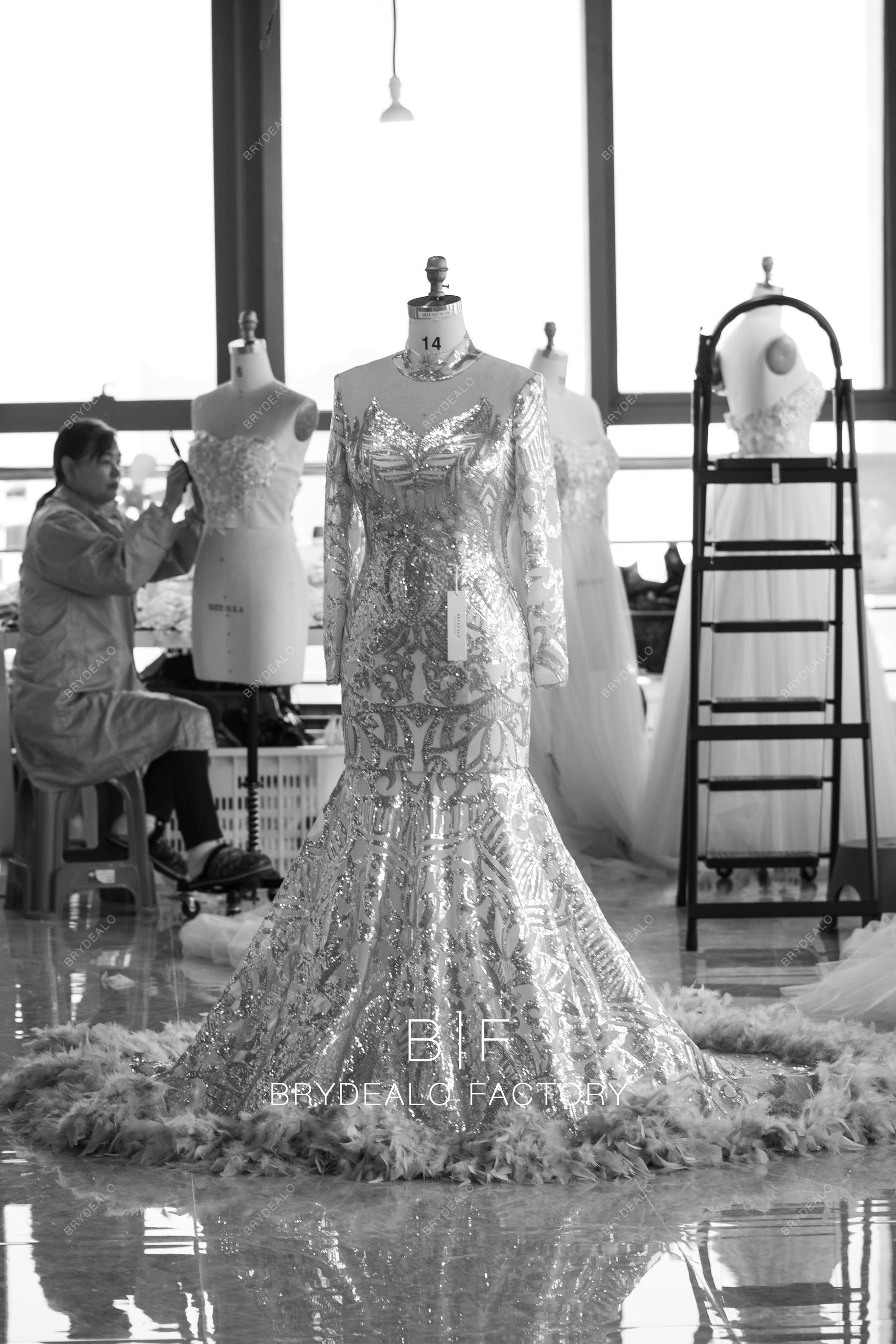 sparkly sequin long sleeve trumpet prom dress