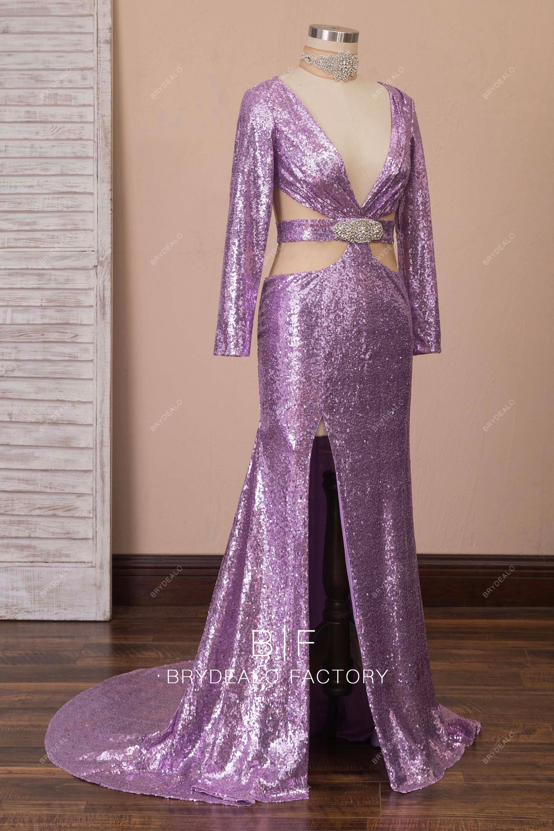 lilac sequin long sleeve mermaid prom dress
