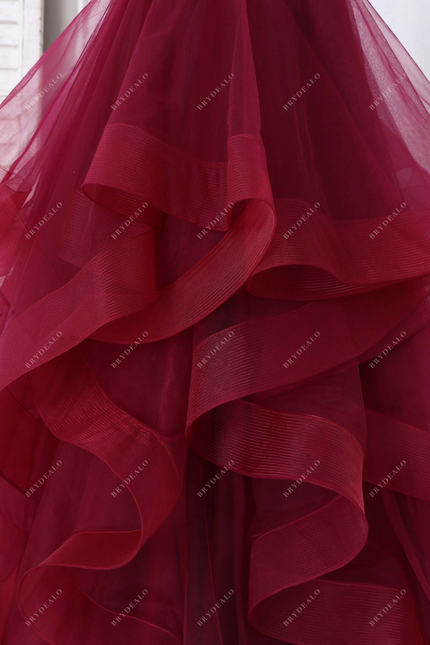 burgundy ruffled tulle prom dress