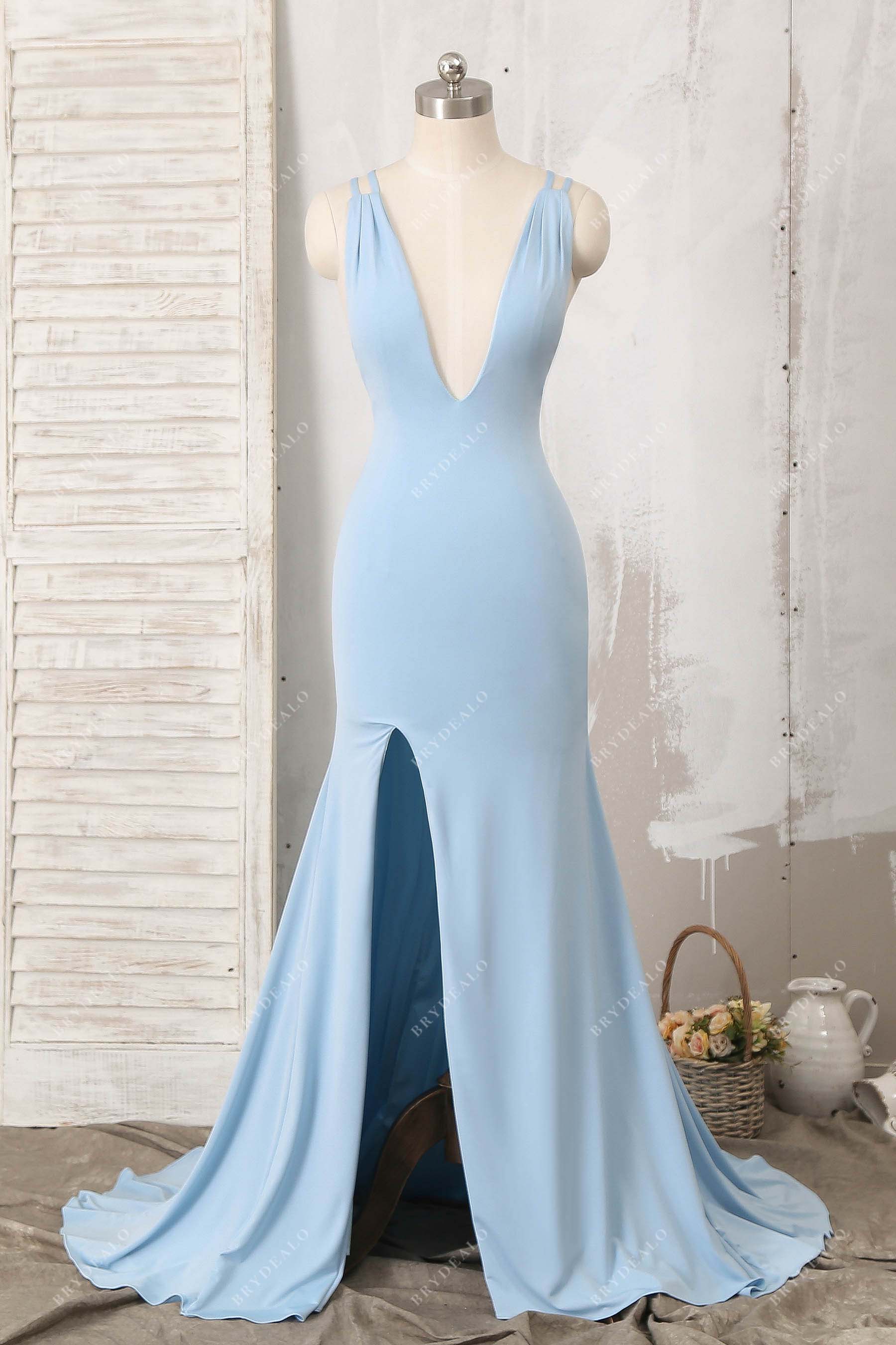plunging neck sleeveless slit mermaid prom dress