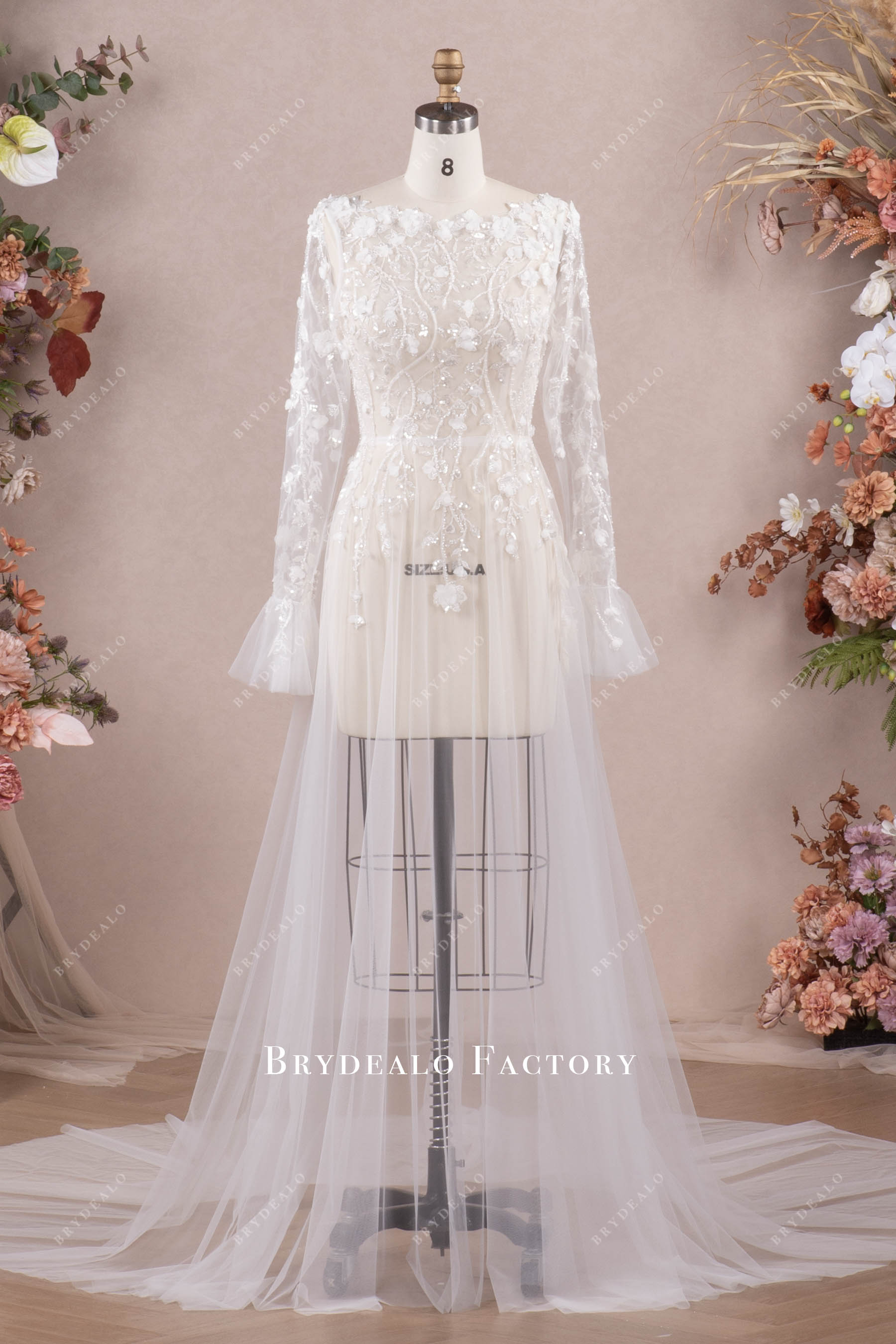 elegant illusion 3D flower lace long sleeves  bridal robe