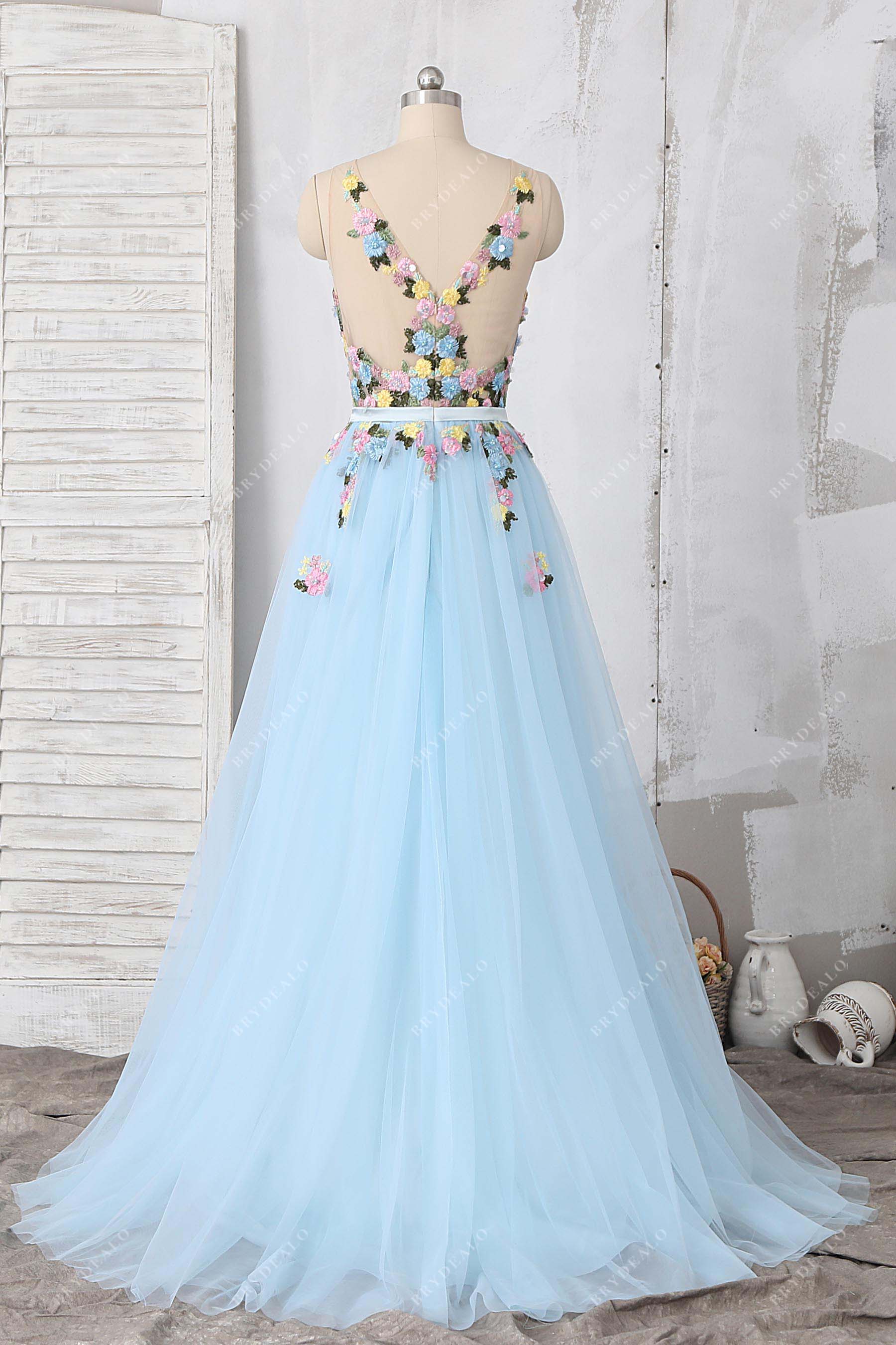 flower straps sky blue tulle formal dress