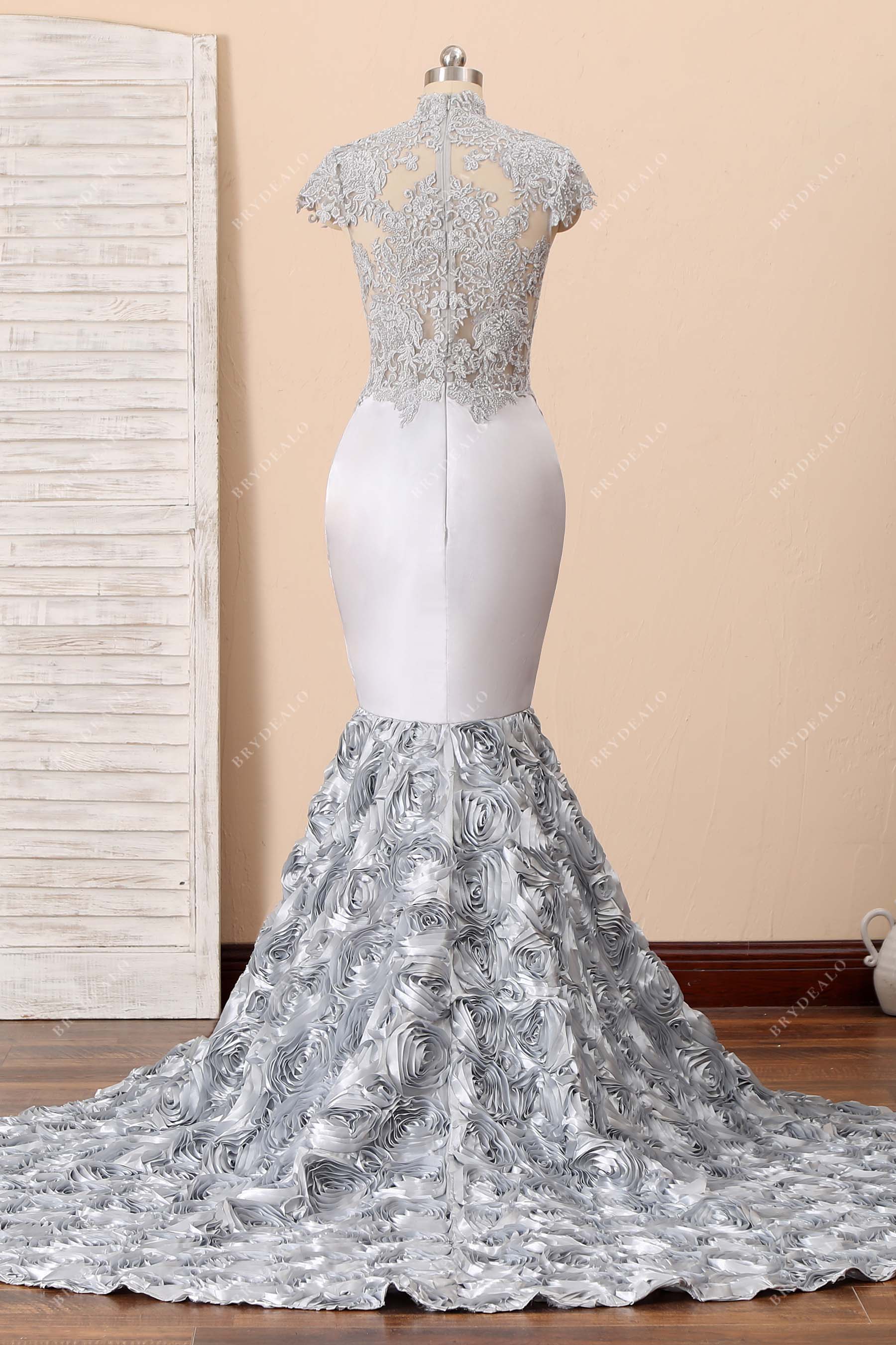 cap sleeve long train trumpet formal dress