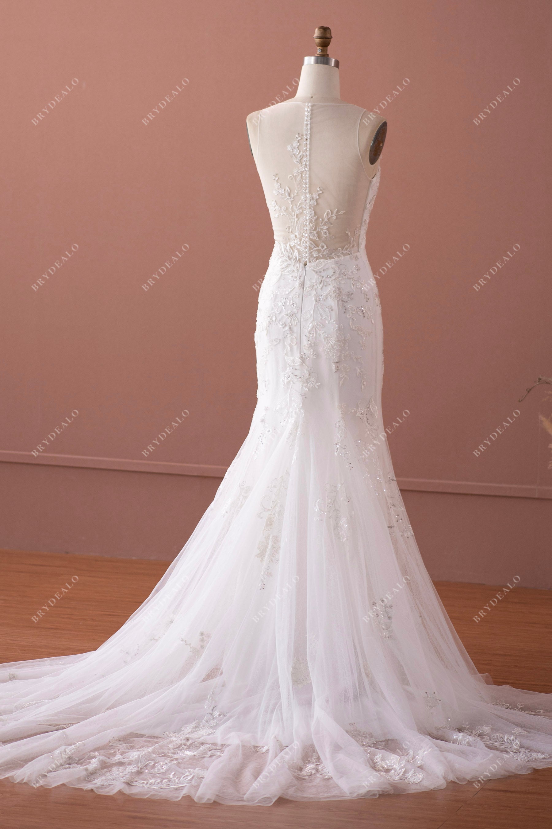illusion back tulle mermaid wedding dress