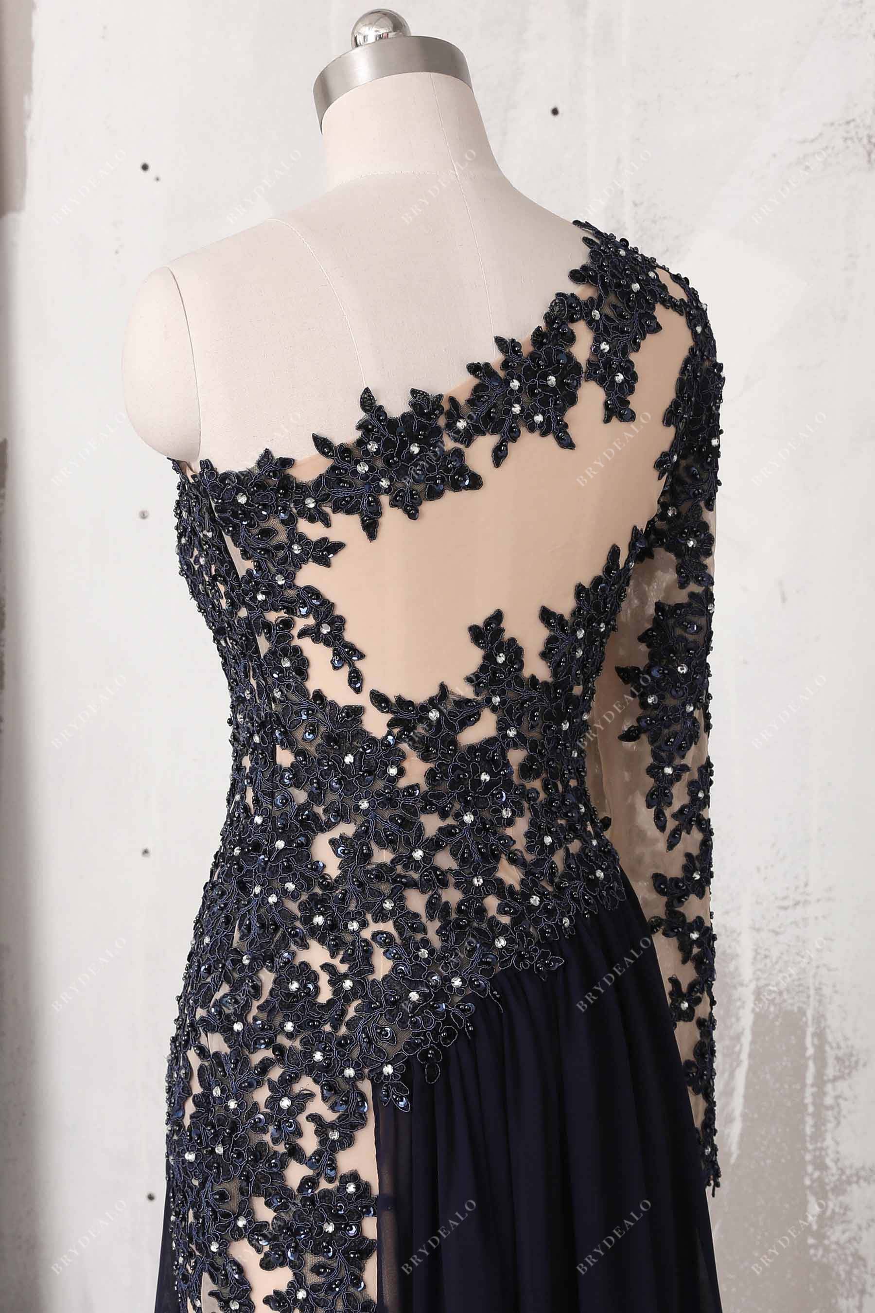one shoulder back beaded evening dress