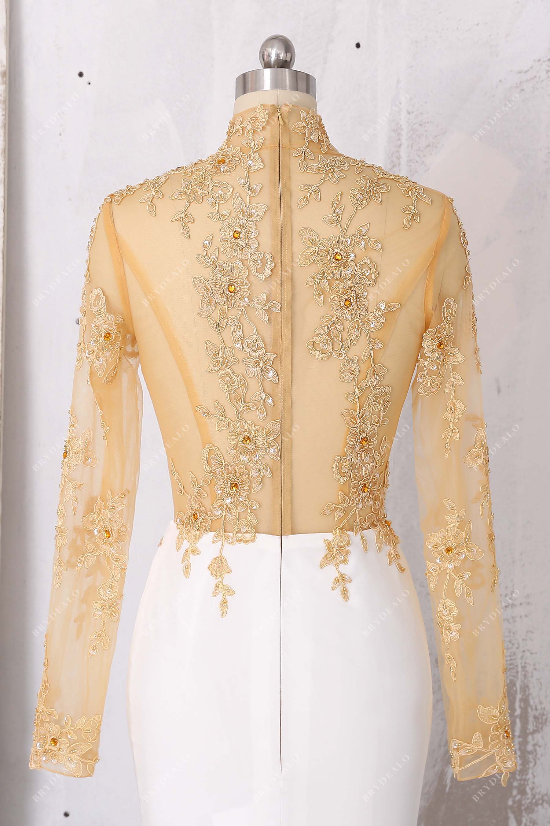 illusion lace applique back prom dress