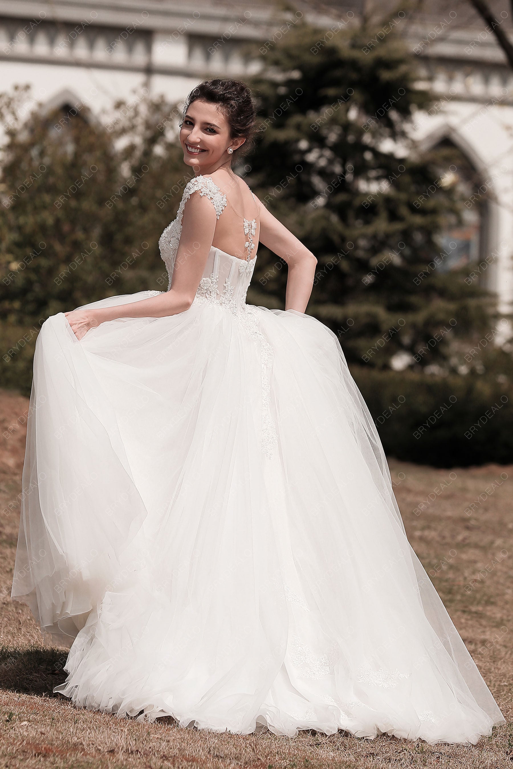 cap sleeve drop waist wedding dress Hall Casual Weding Dress Cap Sleeves Off the Shoulder Split Front Bridal Gown QW2369 US16 / Custom Color