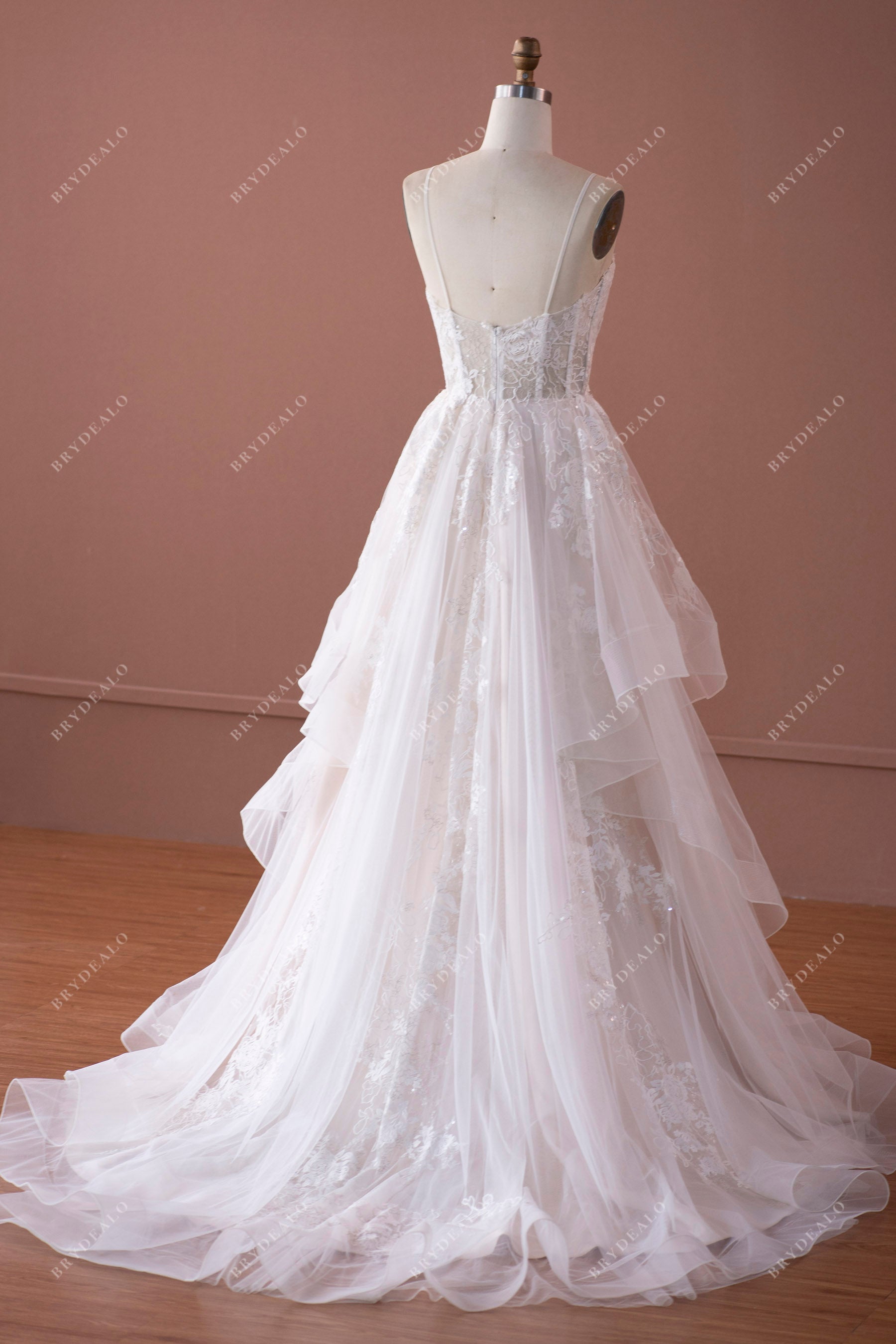 open back pleated long train wedding dress