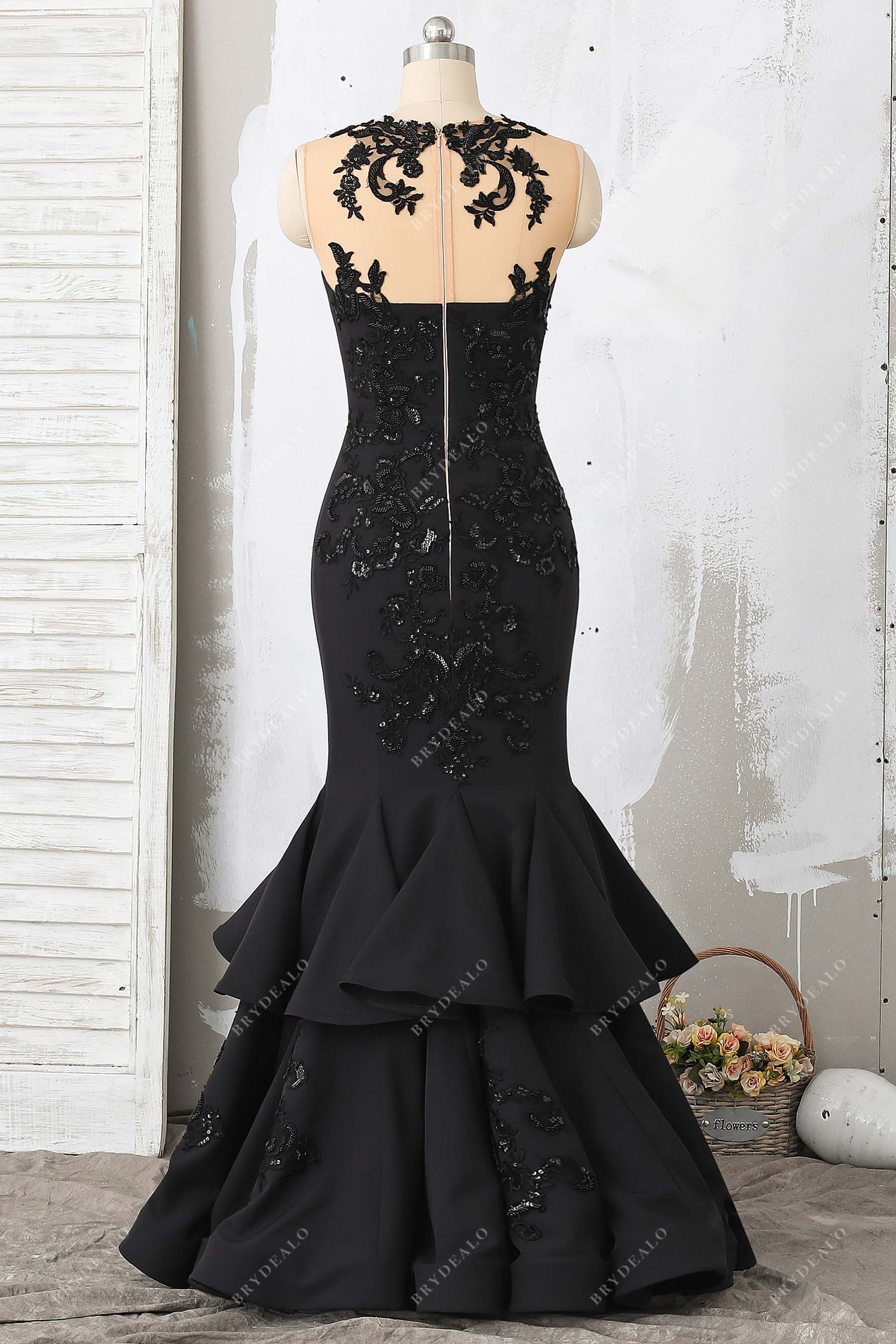illusion back lace applique ruffled trumpet prom dress
