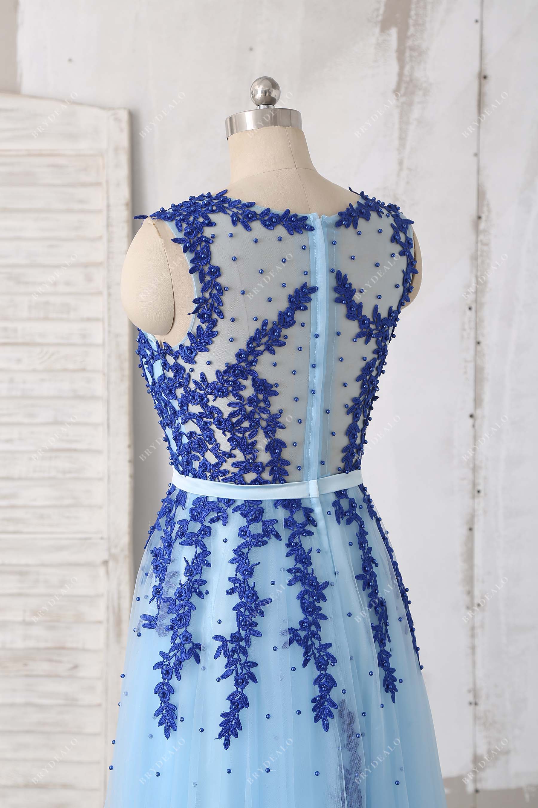Blue Illusion Neck Lace Tea Length Tulle Cocktail Dress Brydealo Blue Illusion Neck Lace Tea Length Tulle Cocktail Dress Brydealo