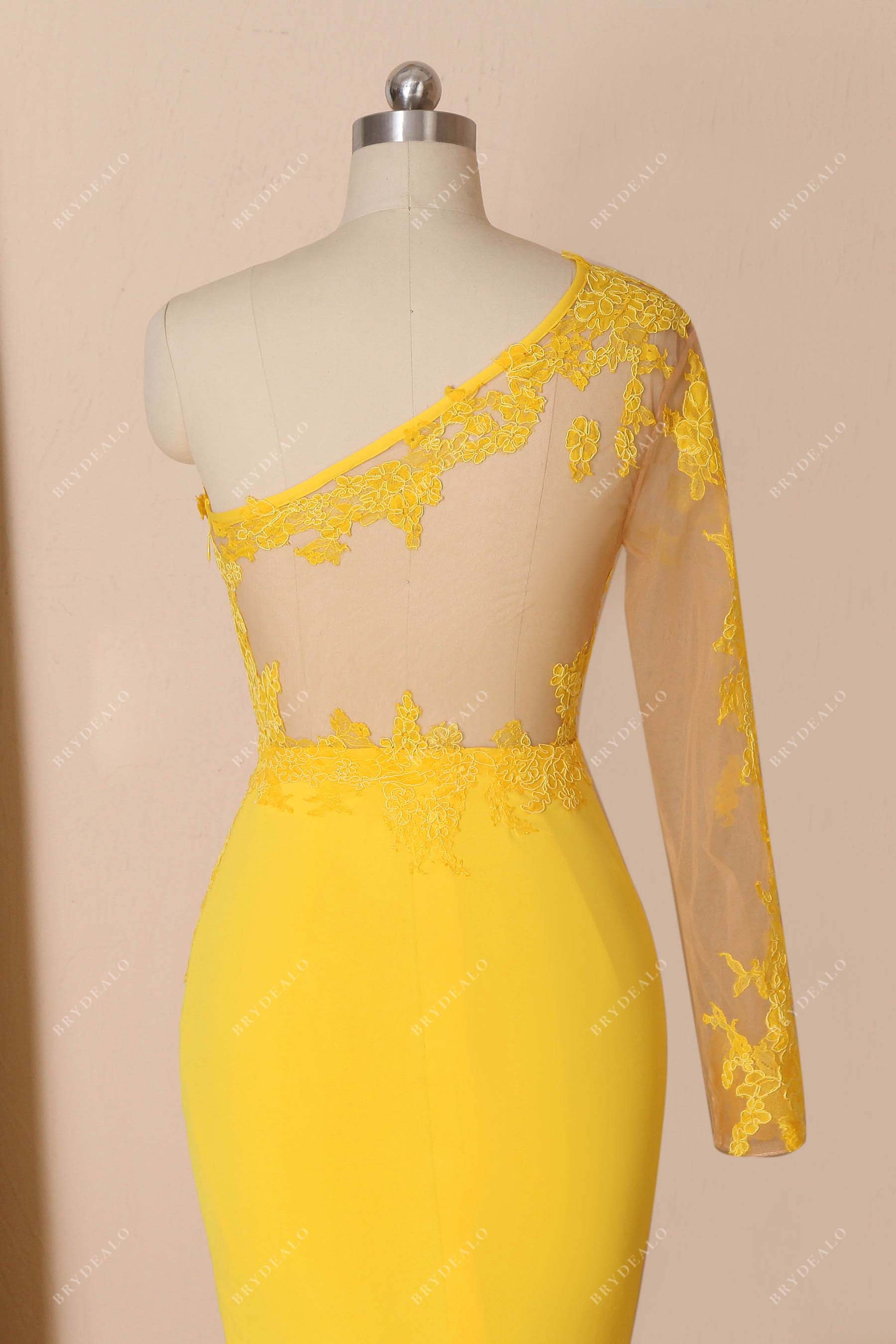 illusion back yellow lace one sleeve dress