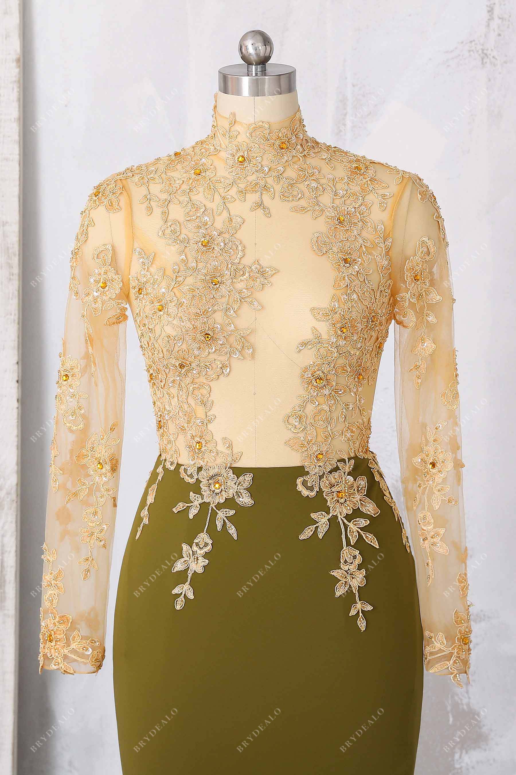 gold beaded lace applique prom dress