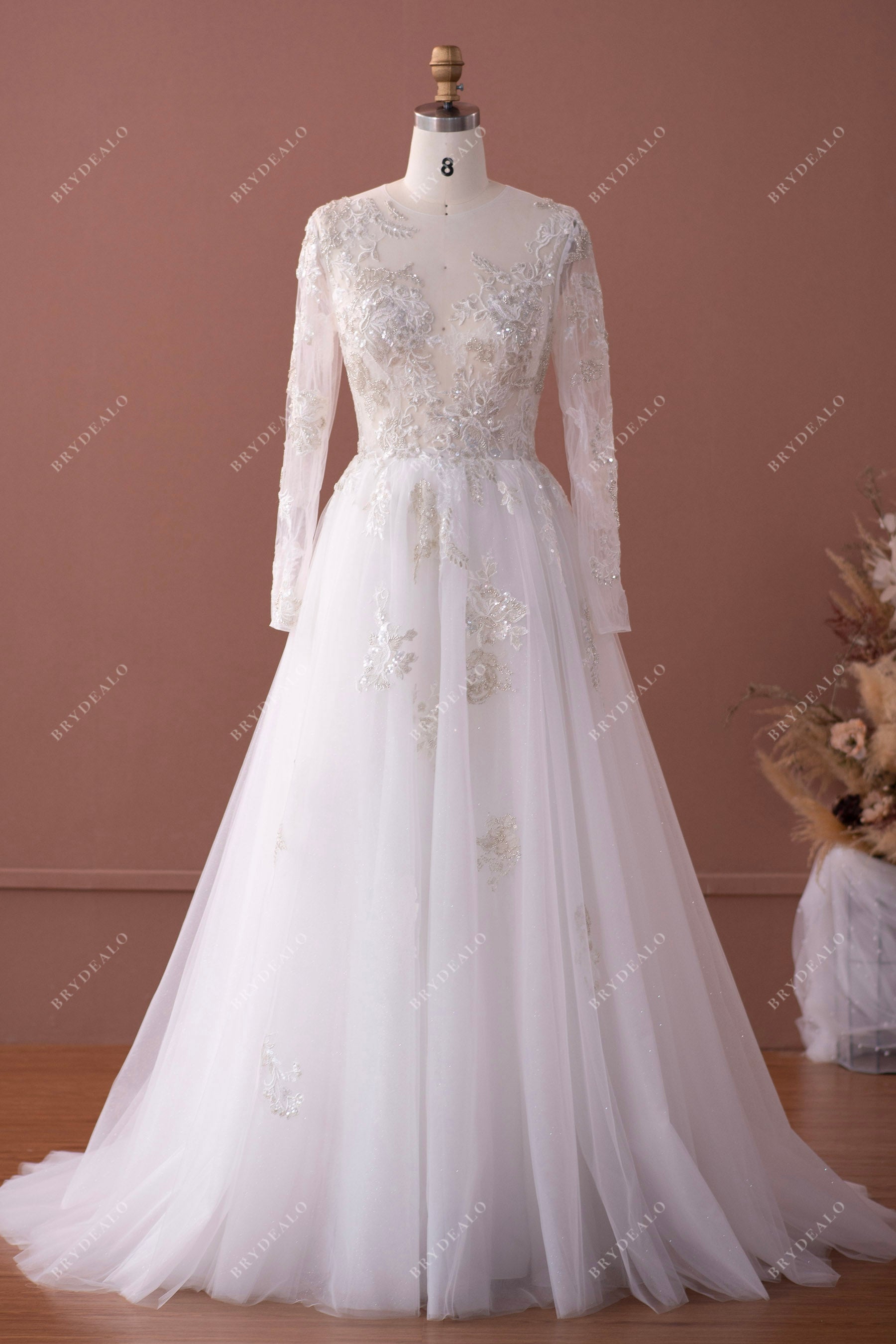 illusion lace top tulle pleated A-line wedding dress