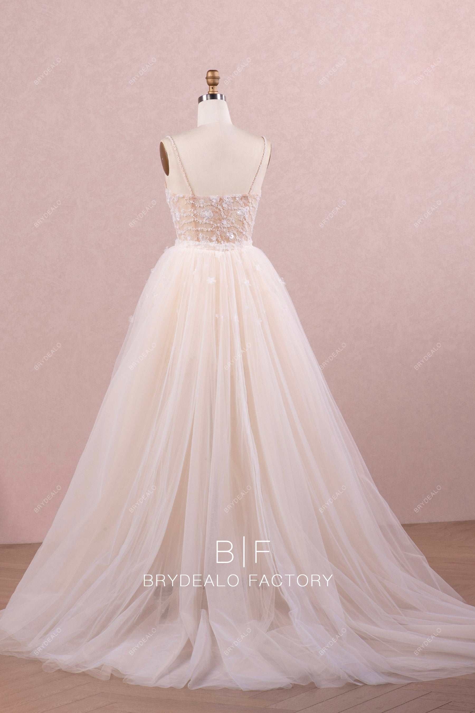 illusion beaded straps flower bridal gown