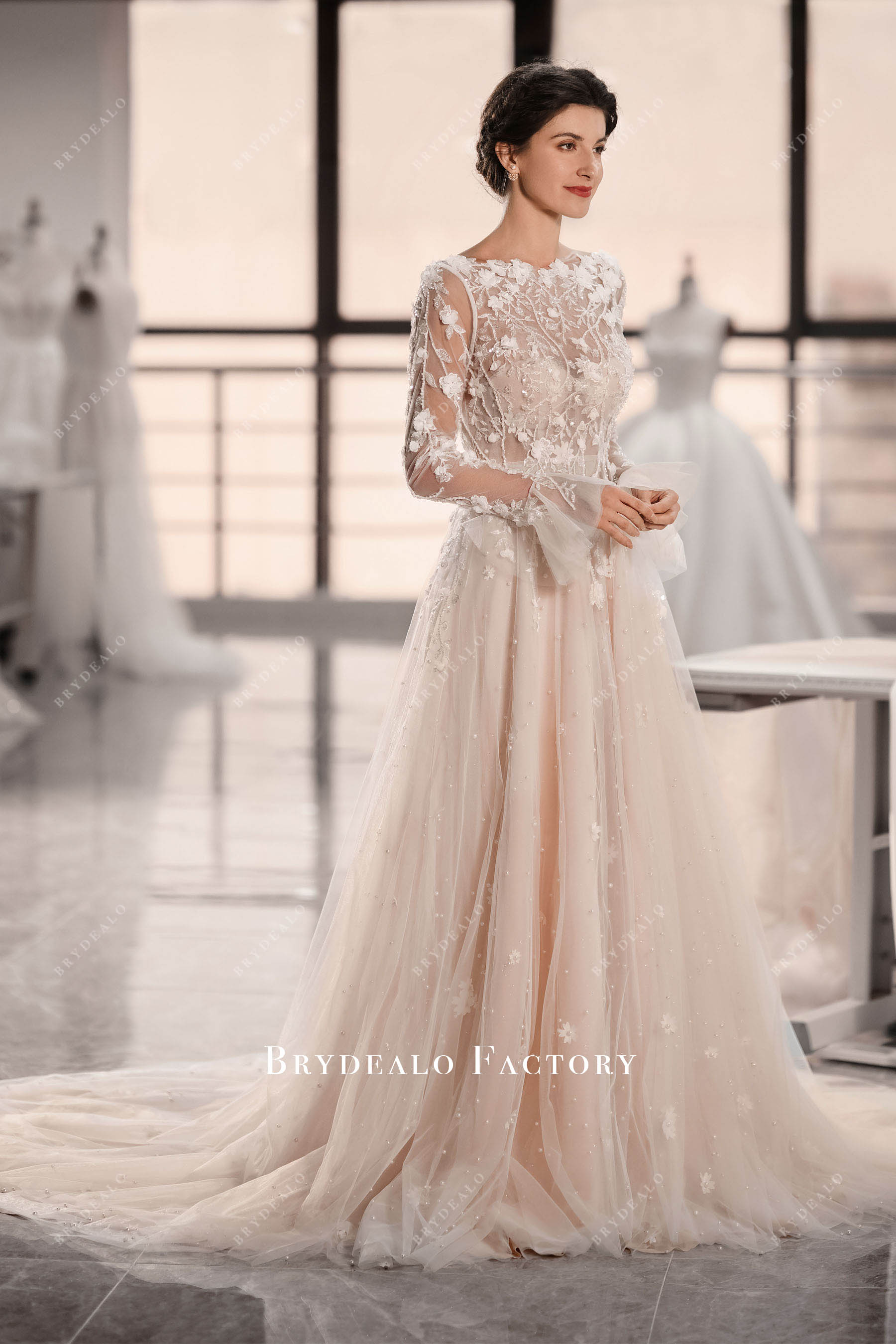 illusion bell sleeve lace court train bridal dress