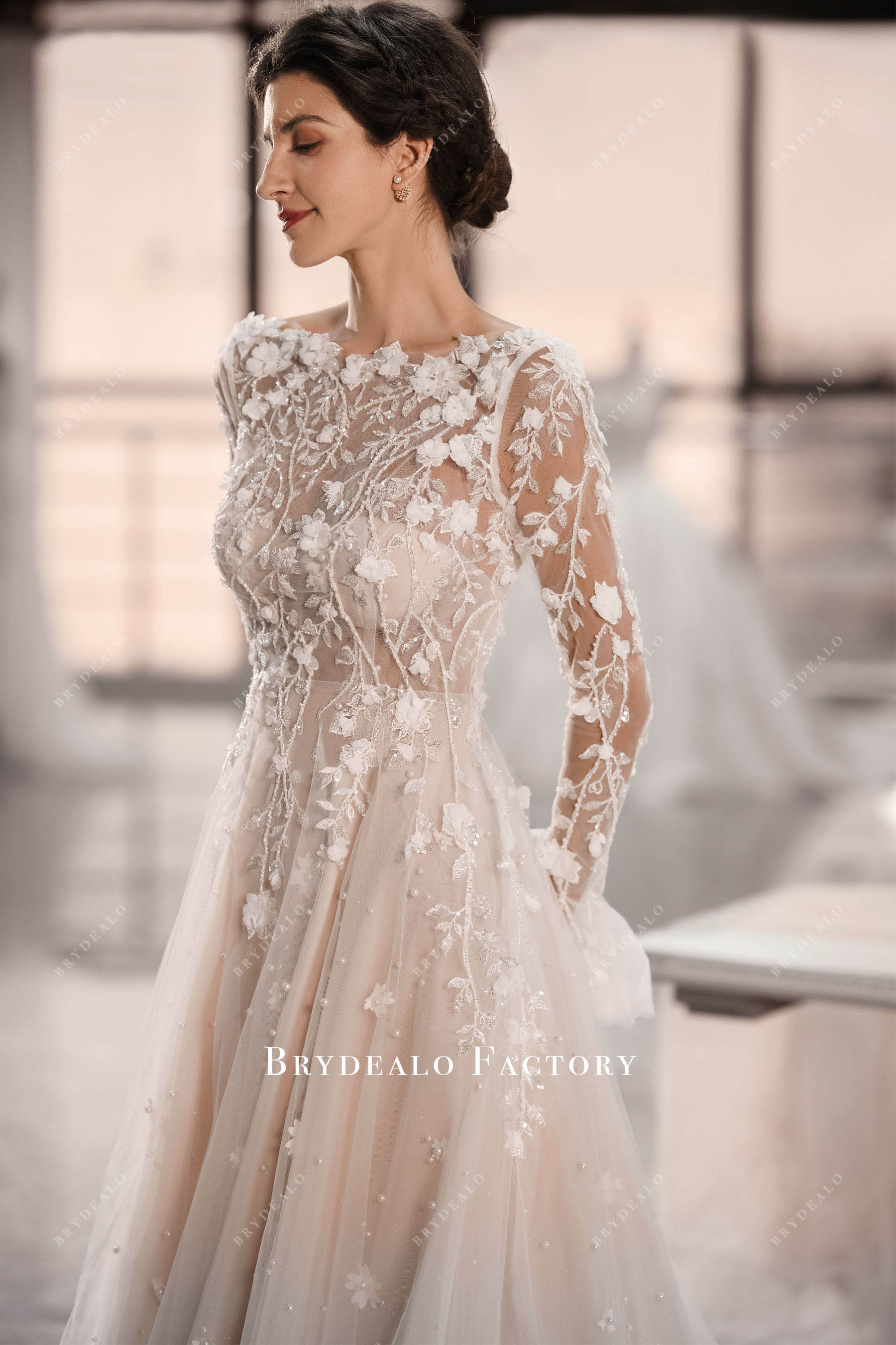 illusion boat neck flower long sleeves tulle wedding dress