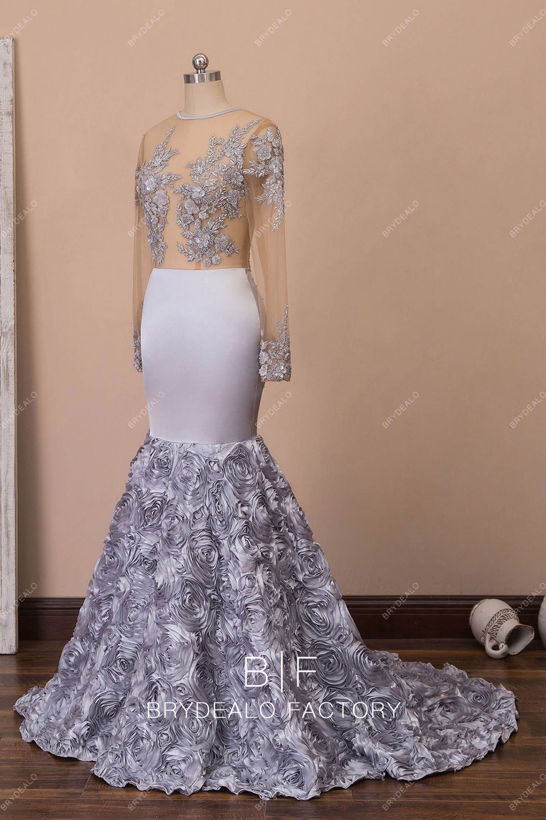 long sleeve silver mermaid prom dress Silver Sequin White Tulle Mermaid Long Prom Dress