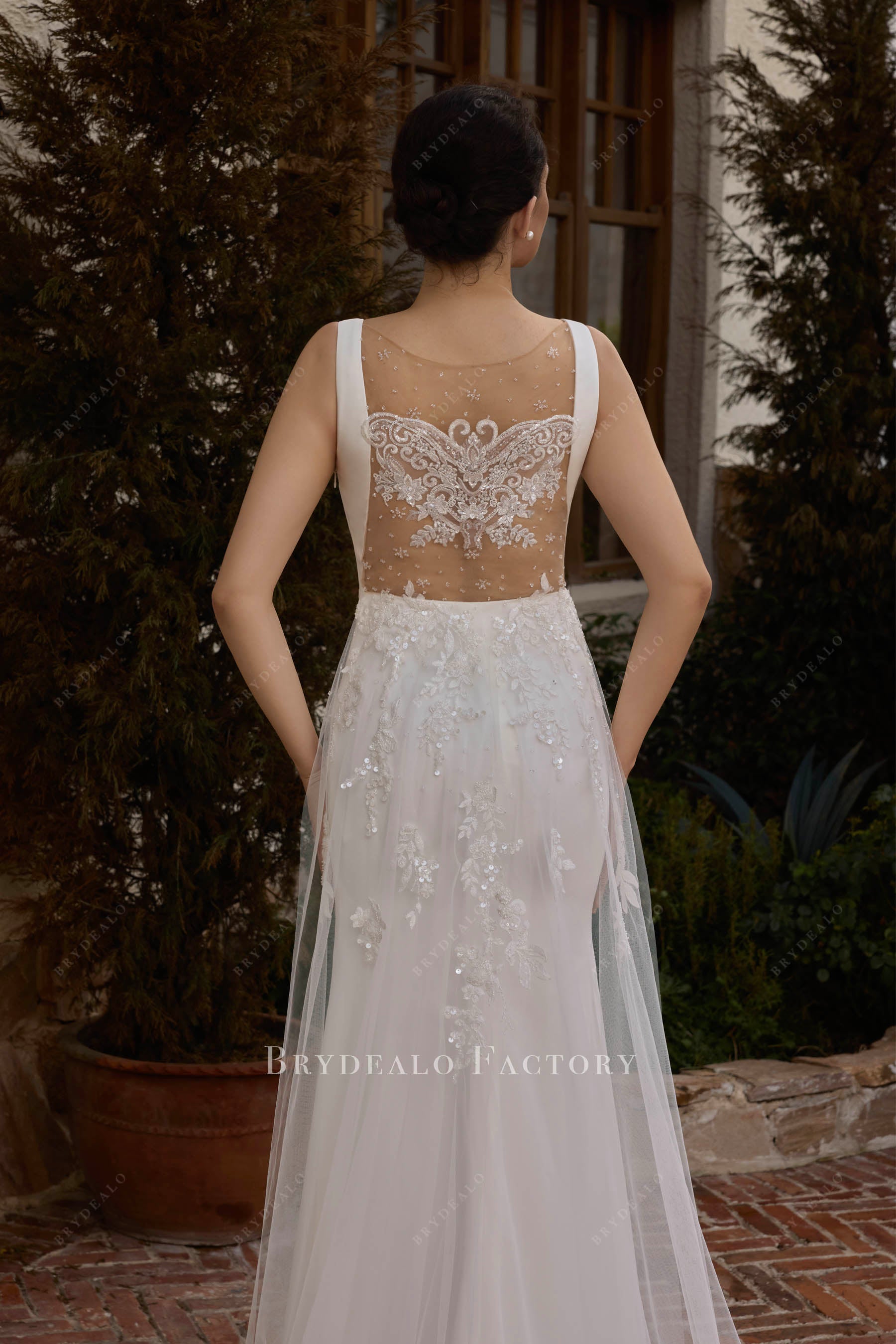 illusion butterfly lace back wedding dress