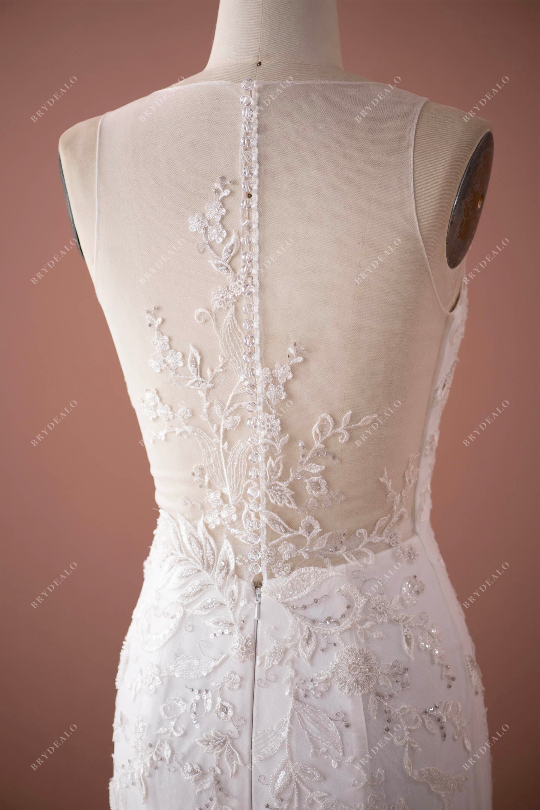 illusion buttoned back lace applique wedding dress