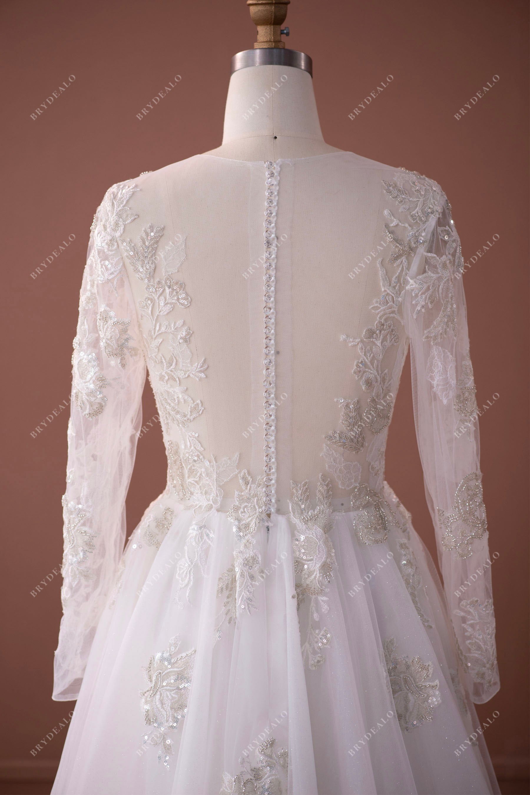 sheer back pleated tulle wedding dress