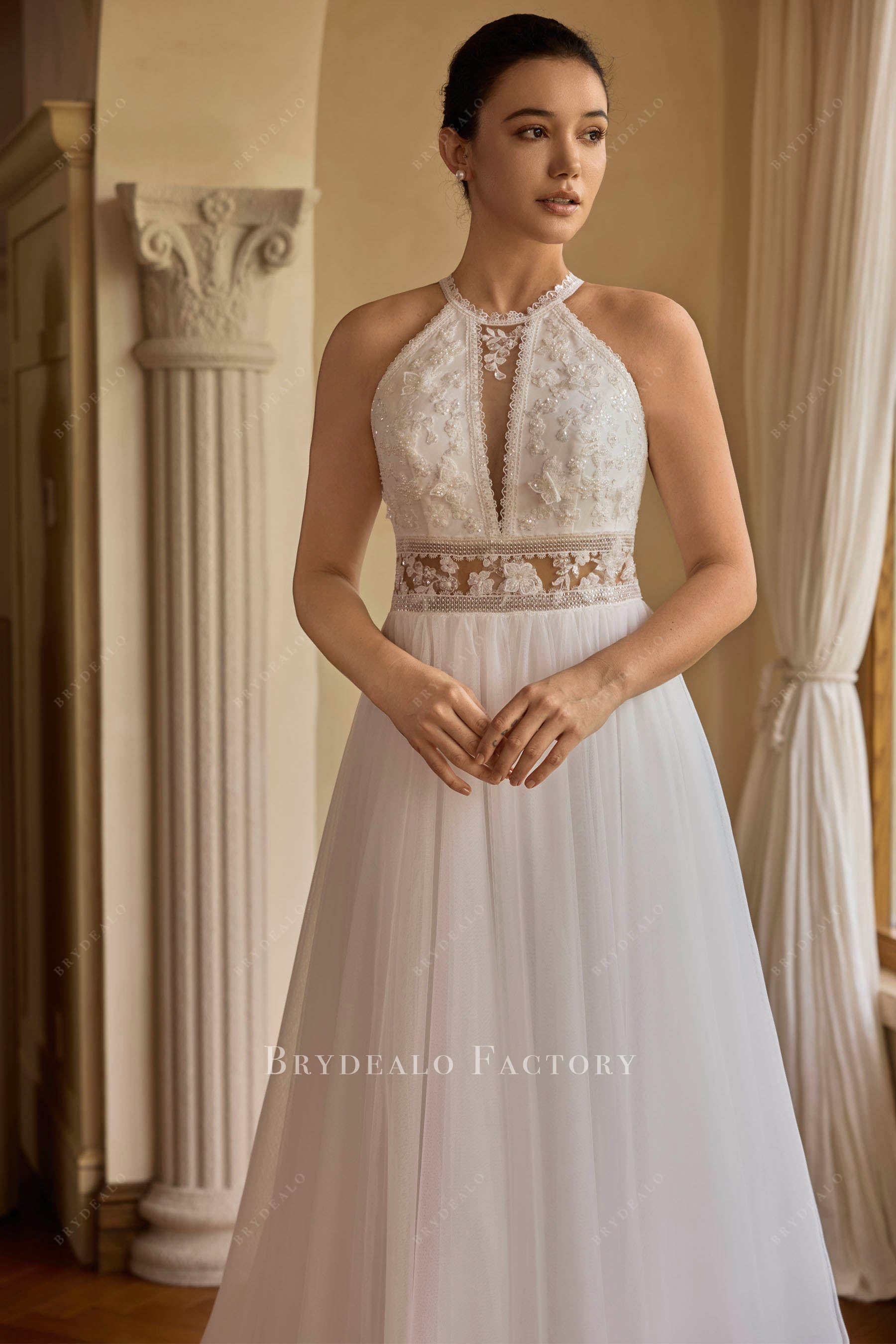 illusion cutout halter wedding dress