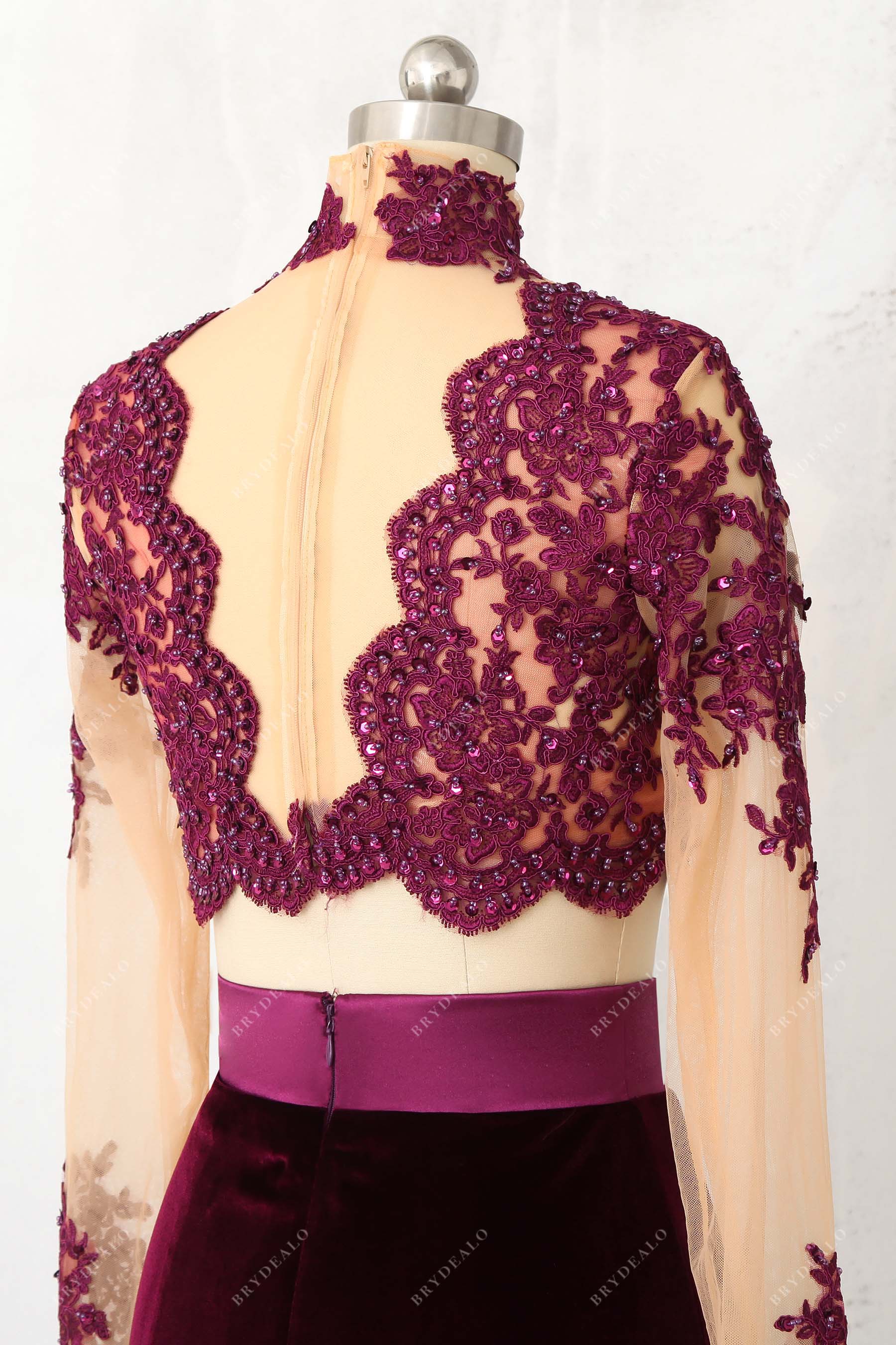 plum lace beaded sheer back