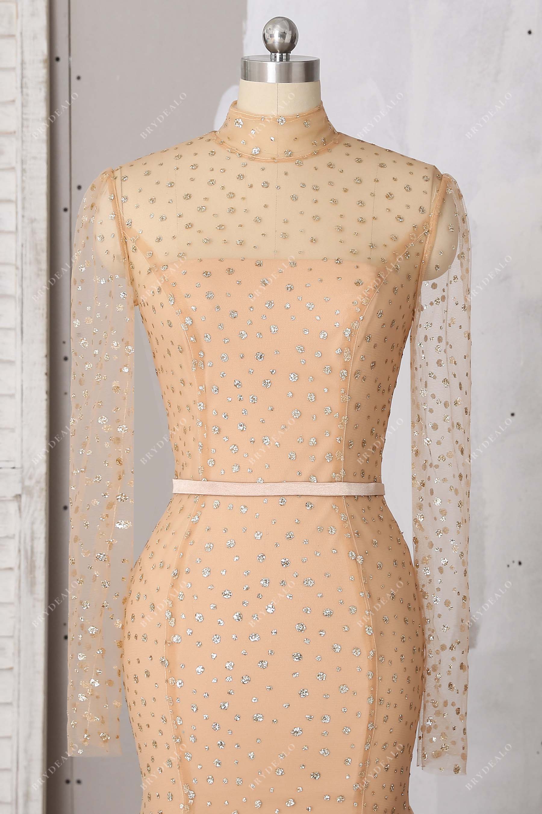 sheer long sleeve high neck prom dress