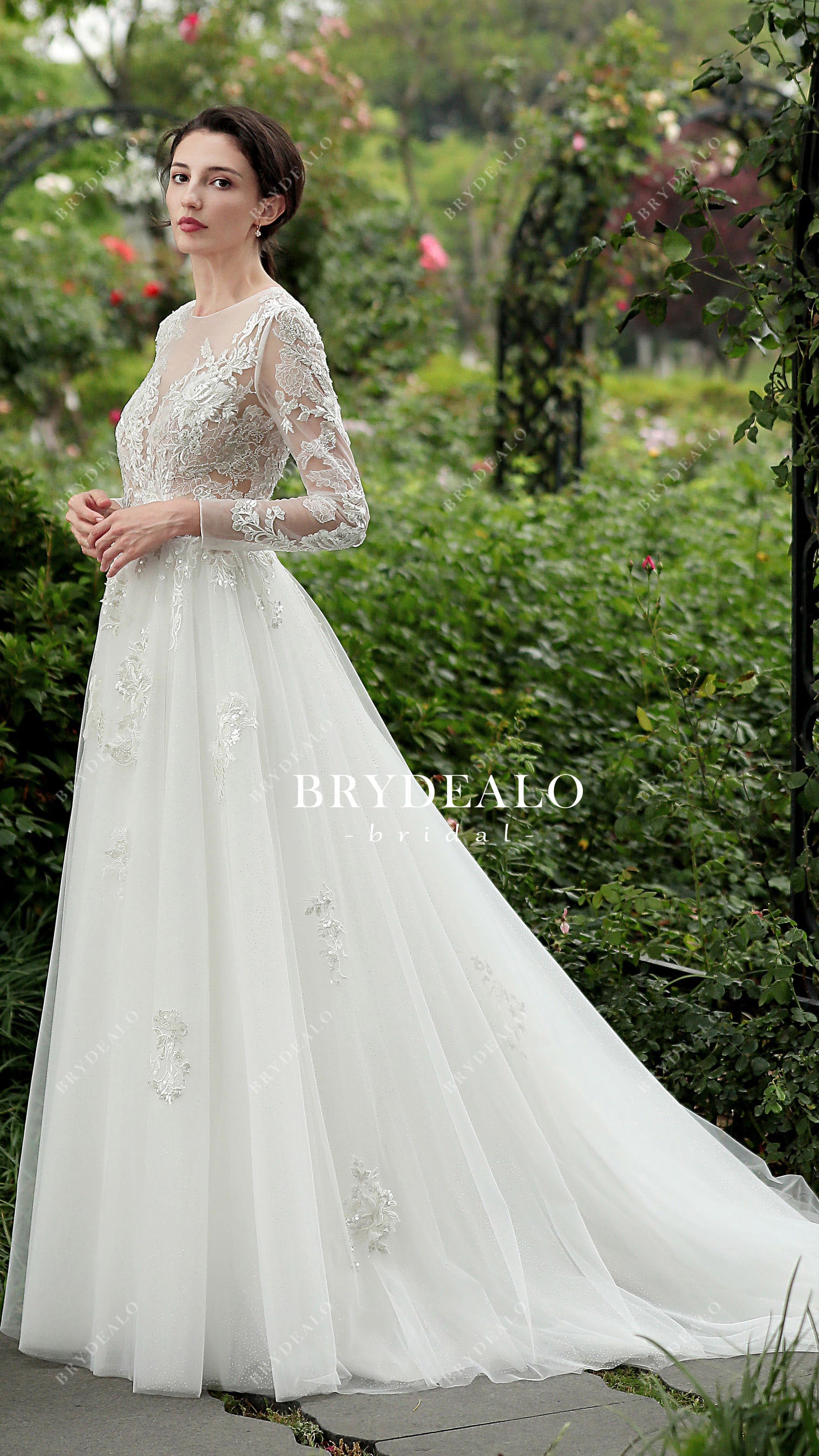 sheer jewel neck lace tulle wedding gown