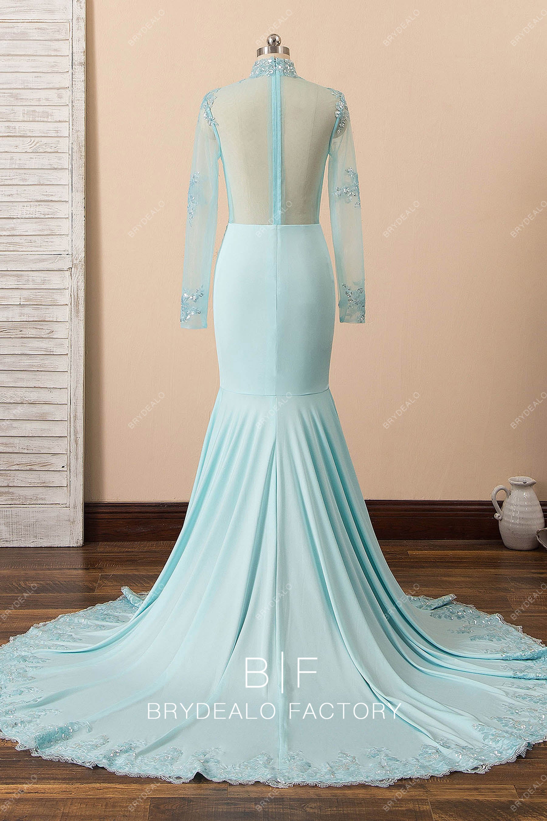 mint blue illusion back formal dress