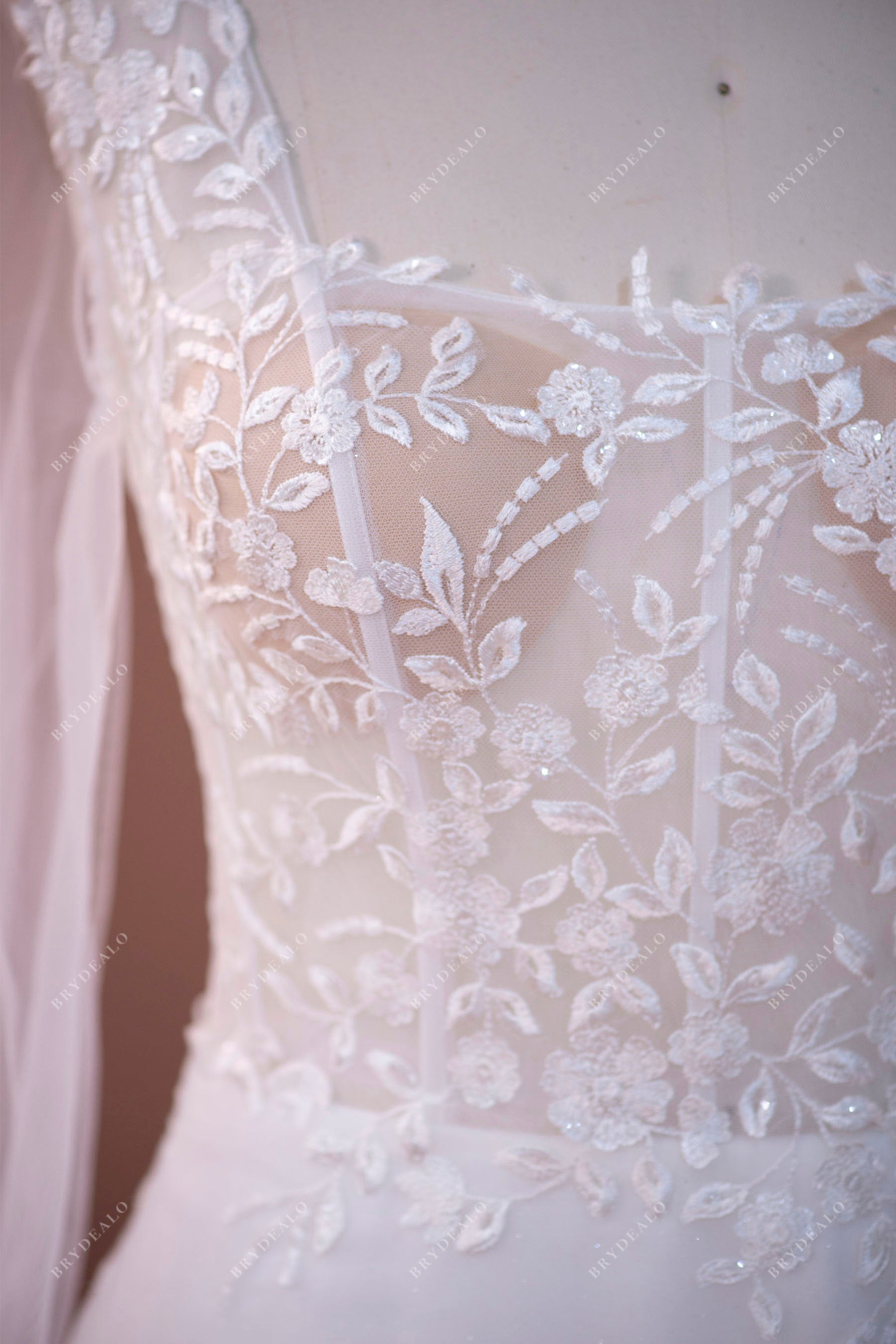 shimmery lace visible boning wedding dress