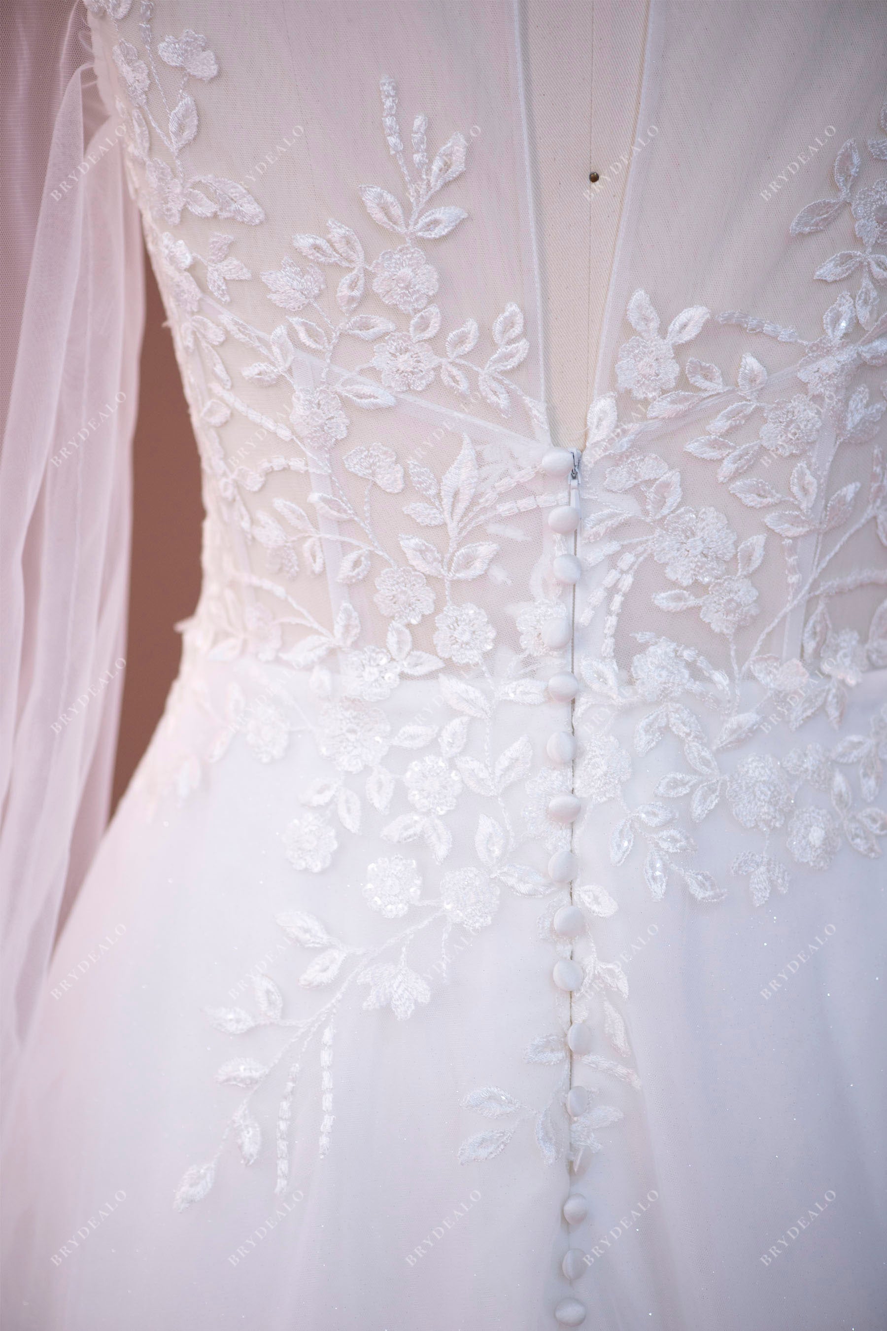 lace applique illusion back bridal dress