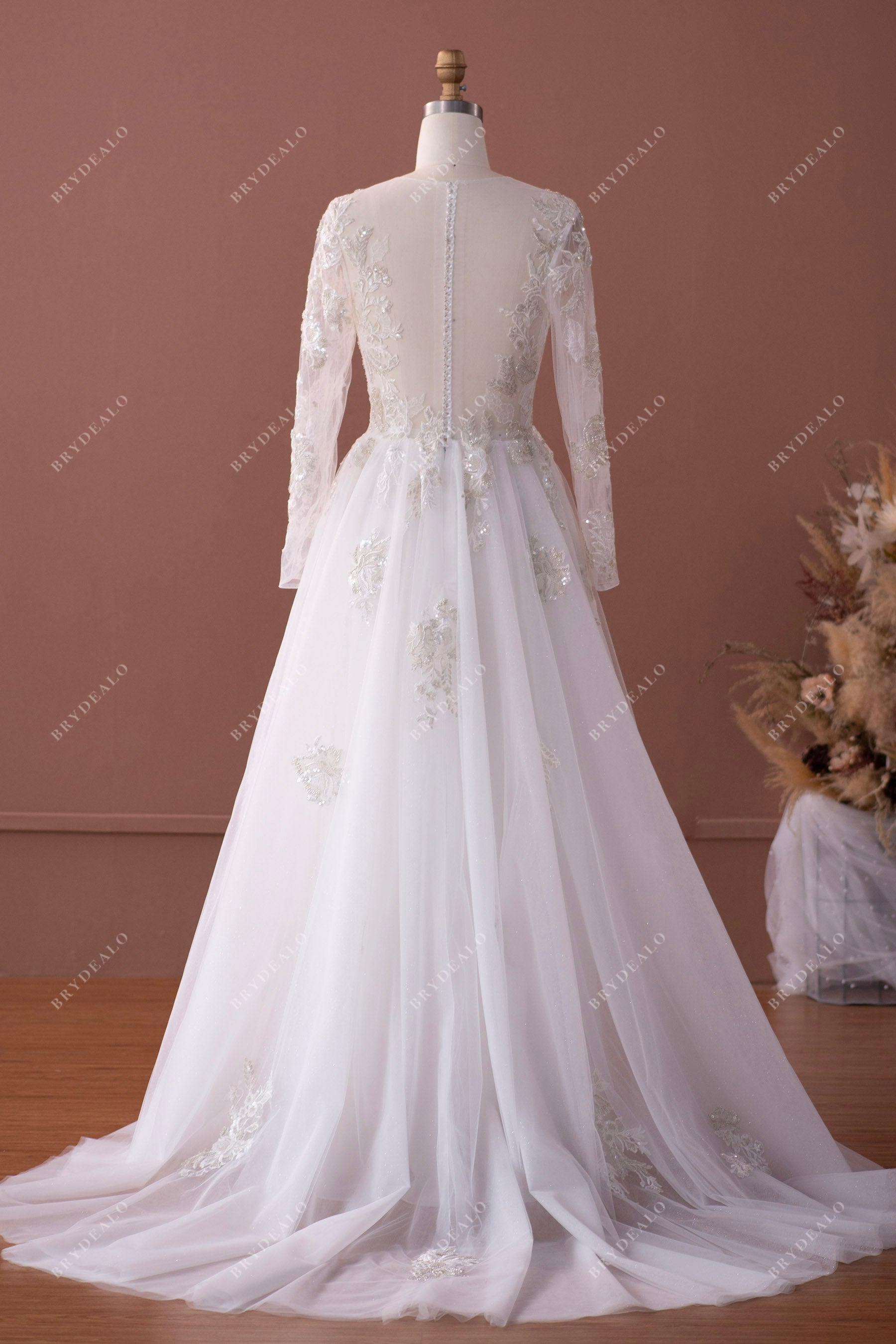 sheer back court train bridal dress