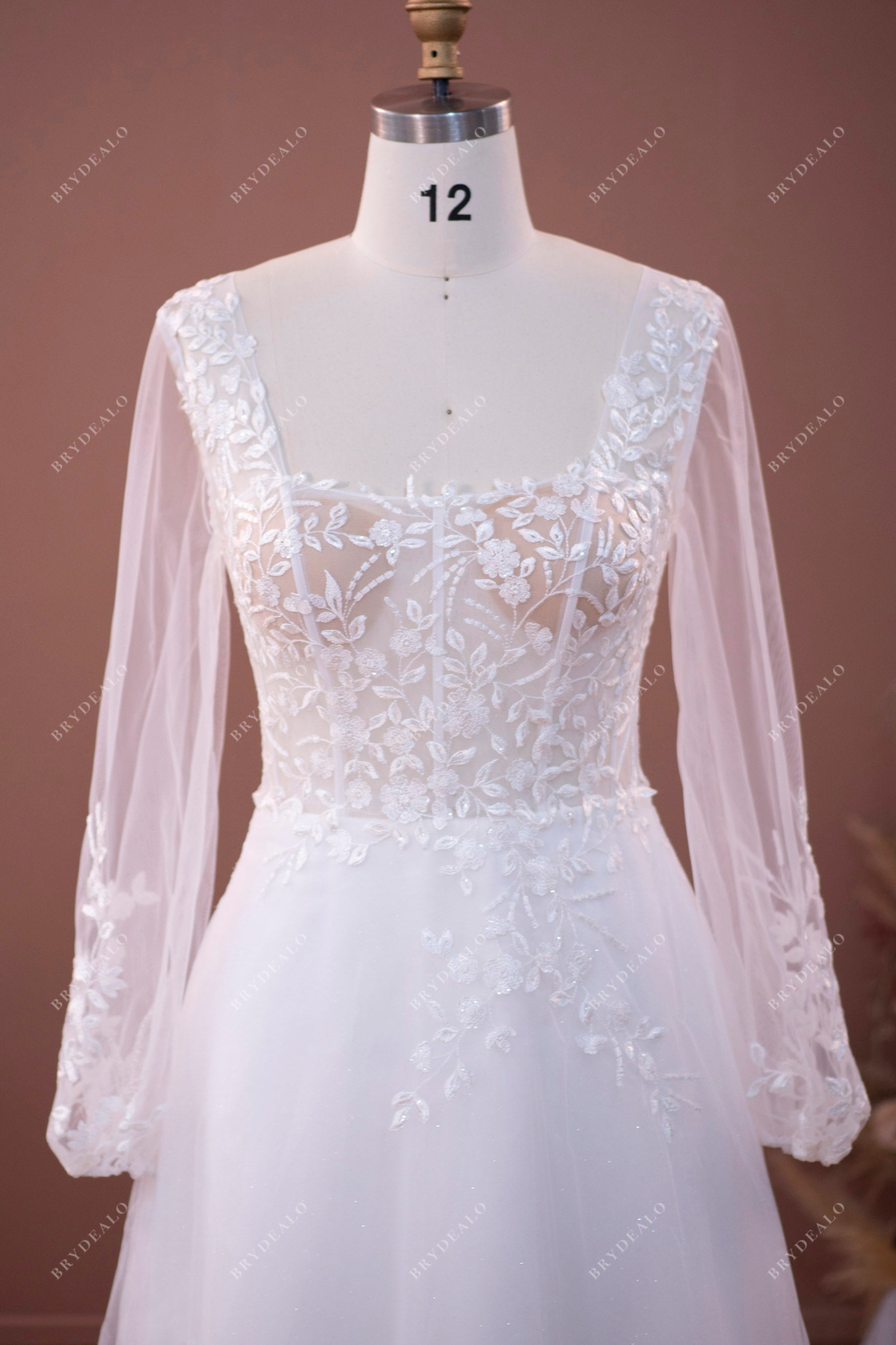 sheer long sleeve lace square neck wedding dress