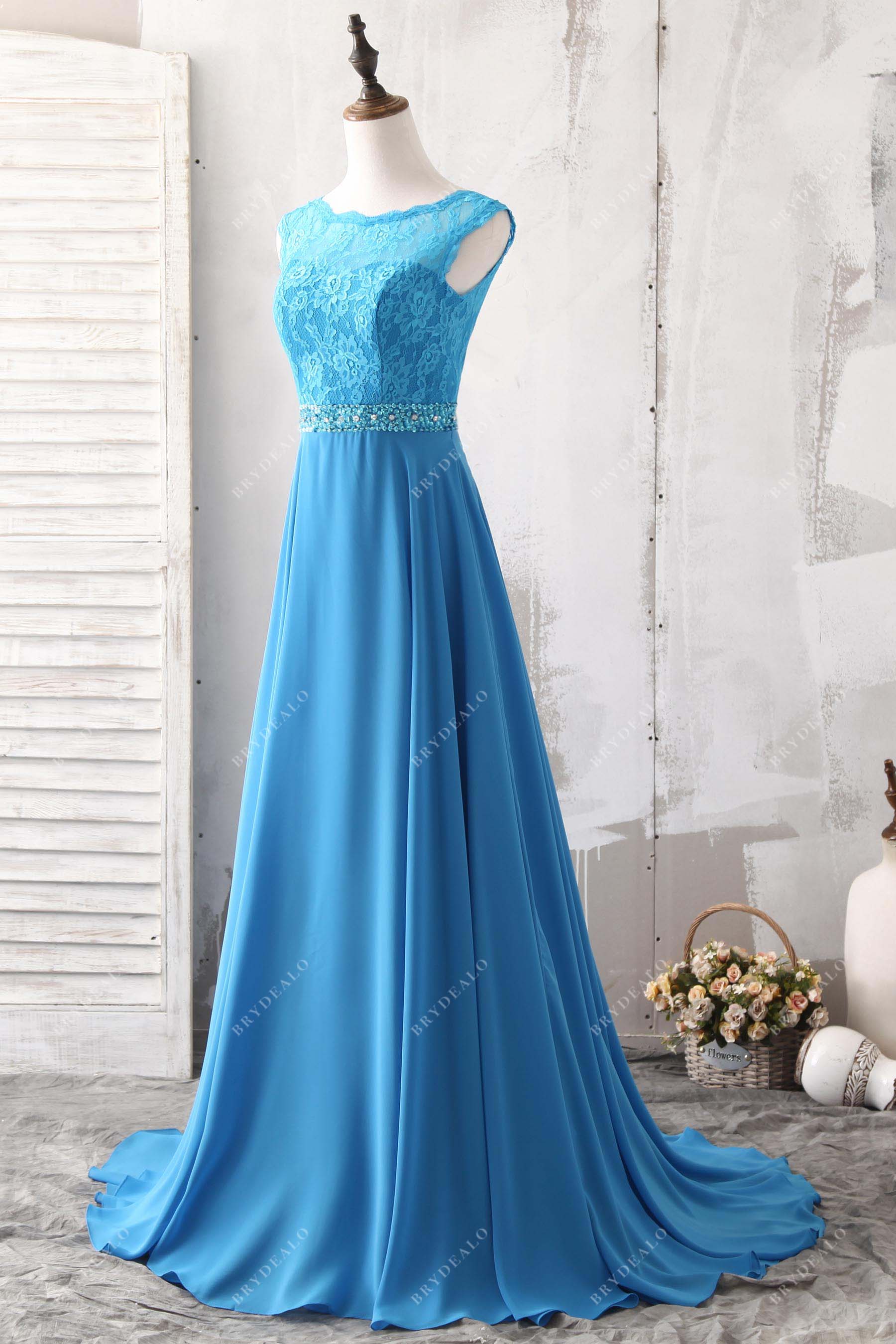 Ocean Blue Lace Chiffon Sheer Bridesmaid Dress