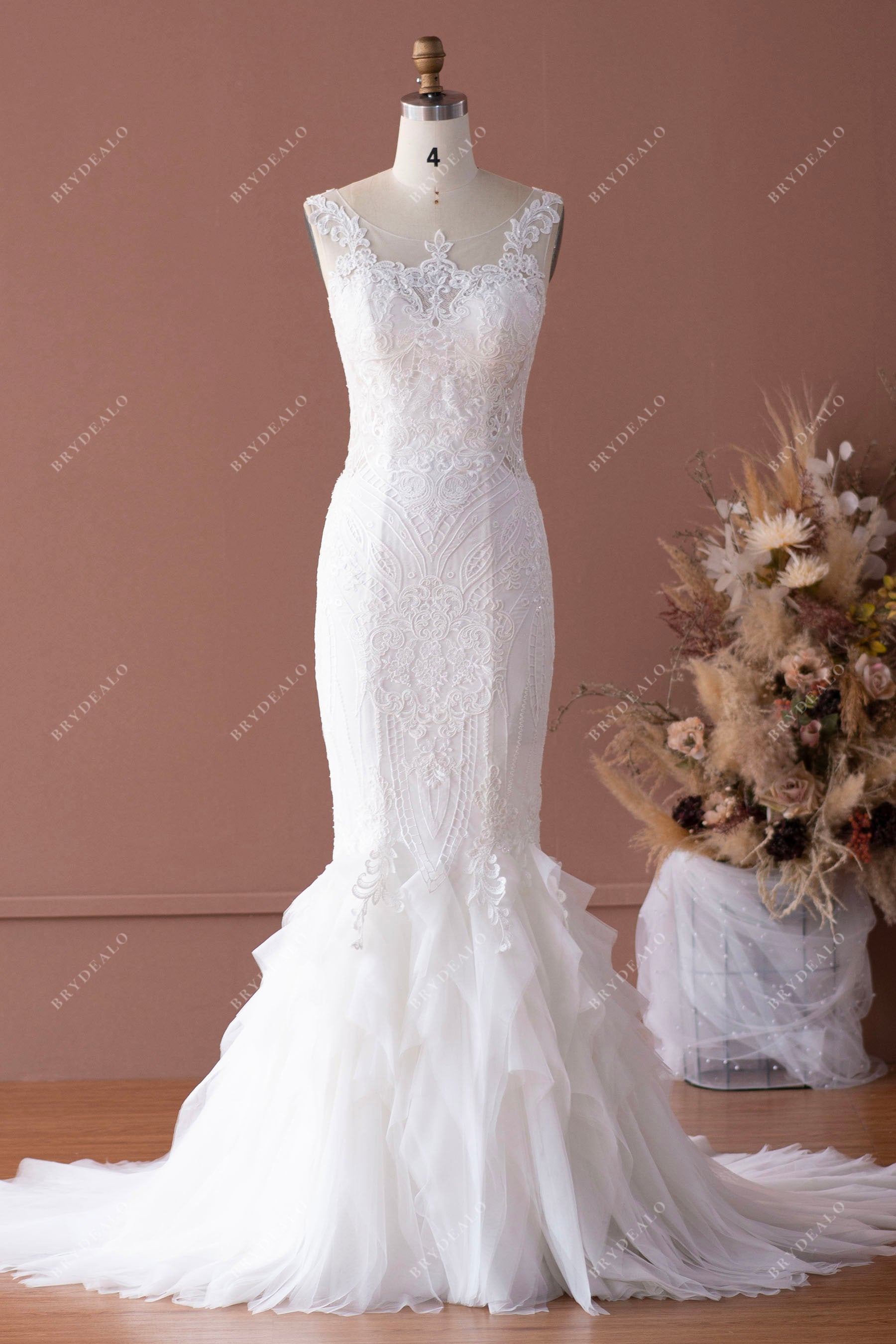 sleeveless lace ruffled tulle trumpet bridal dress